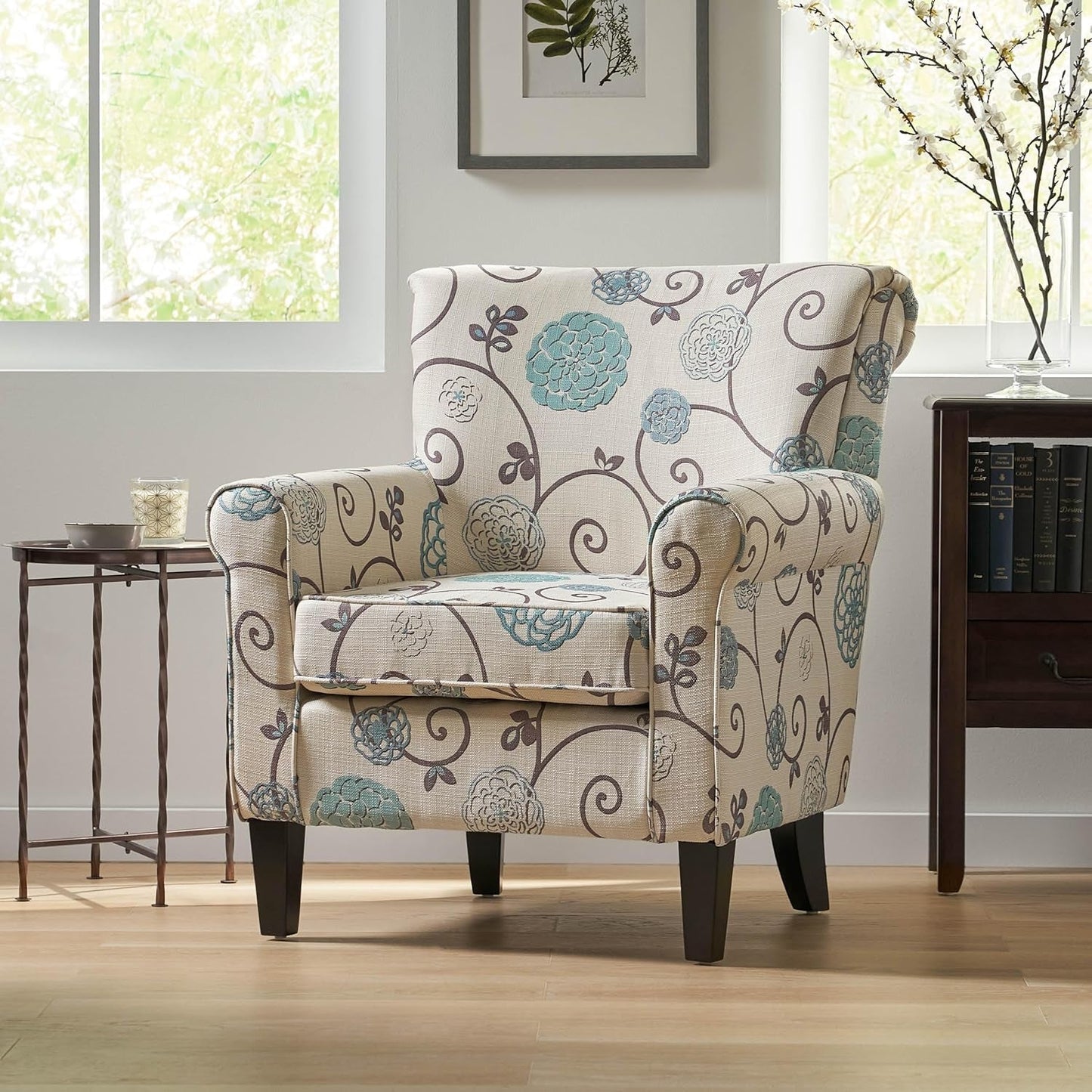 Isla Blue Floral Club Chair with Rolled Arms, Upholstered Accent Chair with Tapered Birch Wood Legs and Tonal Piping for Living Room, Bedroom, Beige+Blue
