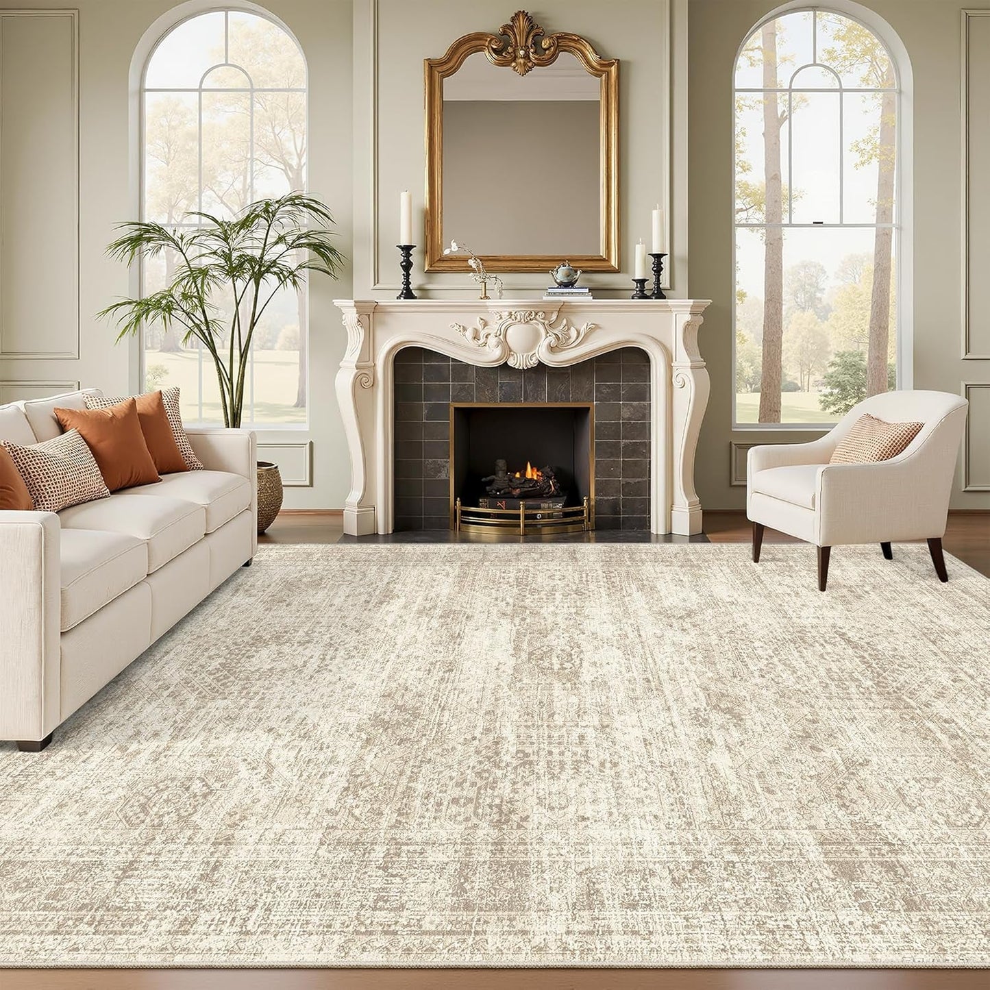 Washable Area Rug 8X10, Large Soft Rugs for Living Room Vintage Beige Carpet 8X10 Area Rugs for Bedroom Dining Room Non-Slip Stain Resistant under Table Rug