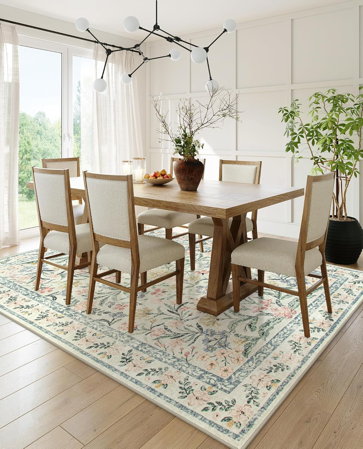 Boho Washable Rug 8X10, Large Area Rug for Living Room, Soft Floral Carpet for Bedroom Non Slip, 8 X 10 Indoor Beige Carpets for Nursery Dining Room Apartment Office Decor