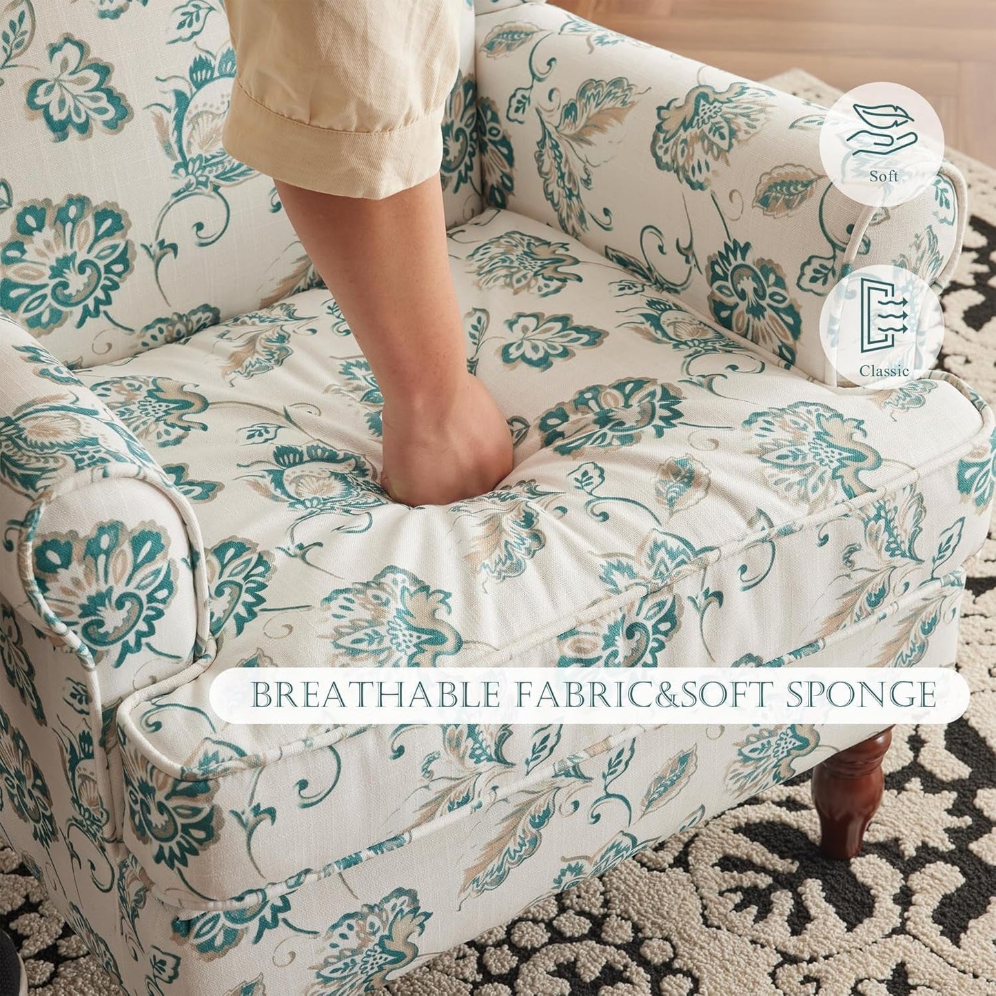 Floral Accent Chair, High Back Upholstered Armchair with Solid Legs, Leisure Single Sofa Chair for Living Room, Bedroom, Home Office, Light Cyan Floral