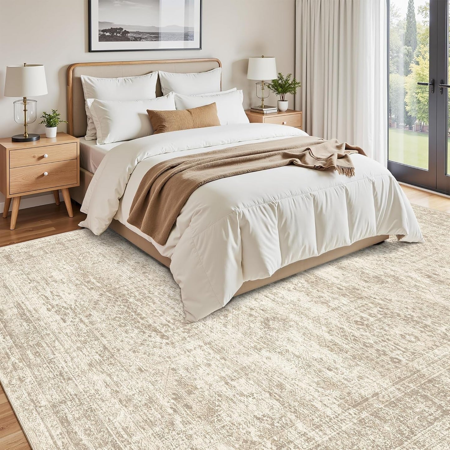 Washable Area Rug 8X10, Large Soft Rugs for Living Room Vintage Beige Carpet 8X10 Area Rugs for Bedroom Dining Room Non-Slip Stain Resistant under Table Rug