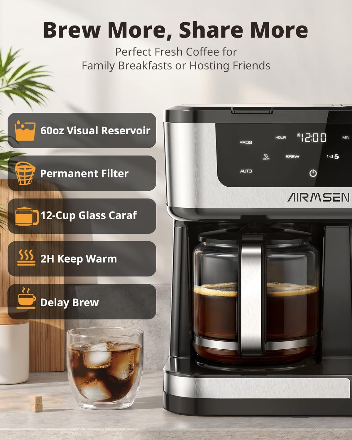 12-Cup Programmable Dual Coffee Maker – Single Serve Machine for K-Cup Pods & Ground, 1000W Fast Brew, Delay Start, 2H Keep Warm, Touchscreen, 60Oz Tank, Glass Carafe – Home & Office