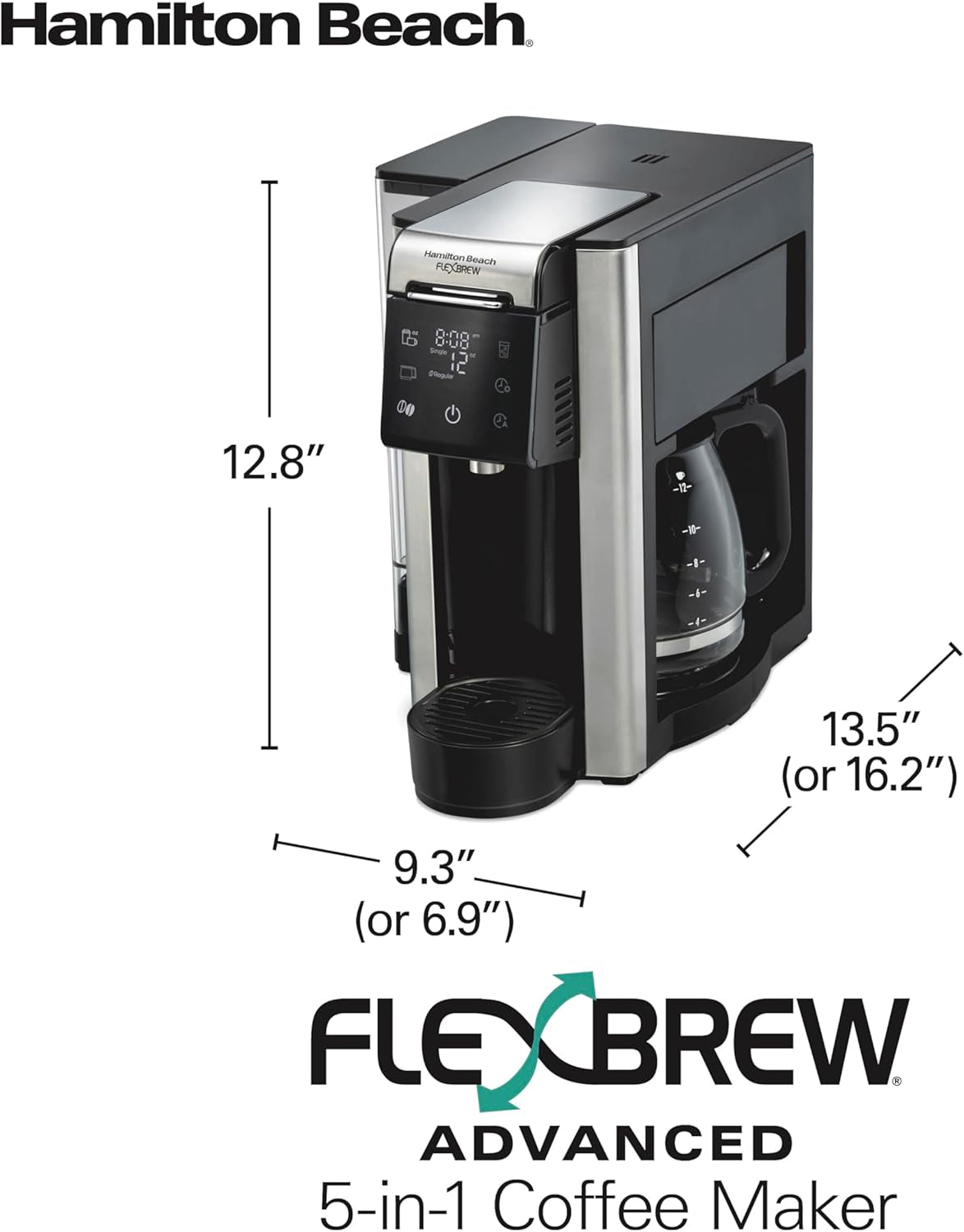 Flexbrew Advanced 5-In-1 Programmable 12 Cup Drip and Single Serve Hot & Iced Coffee Maker with Movable 60 Oz. Water Reservoir, Use Pod Packs and Grounds, Fast Brewing, Black (49924)