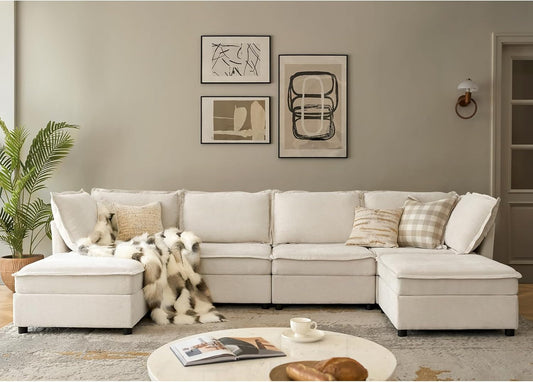 127'' Modular Sectional Sofa, Oversized U Shaped Couch with Storage Ottoman, Comfy Chenille Sofa with Deep Seat, 6 Seat Convertible Couches for Living Room, Beige
