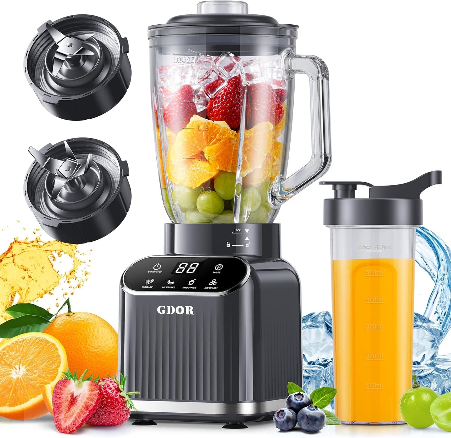 Professional Blender for Smoothies, 5 Functions, 1200 Peak Watts Smoothie Blender, 52 Oz Glass Jar & 24 Oz To-Go Cup Combo, Blenders for Smoothies, Ice and Frozen Fruit, Self-Cleaning, Gray