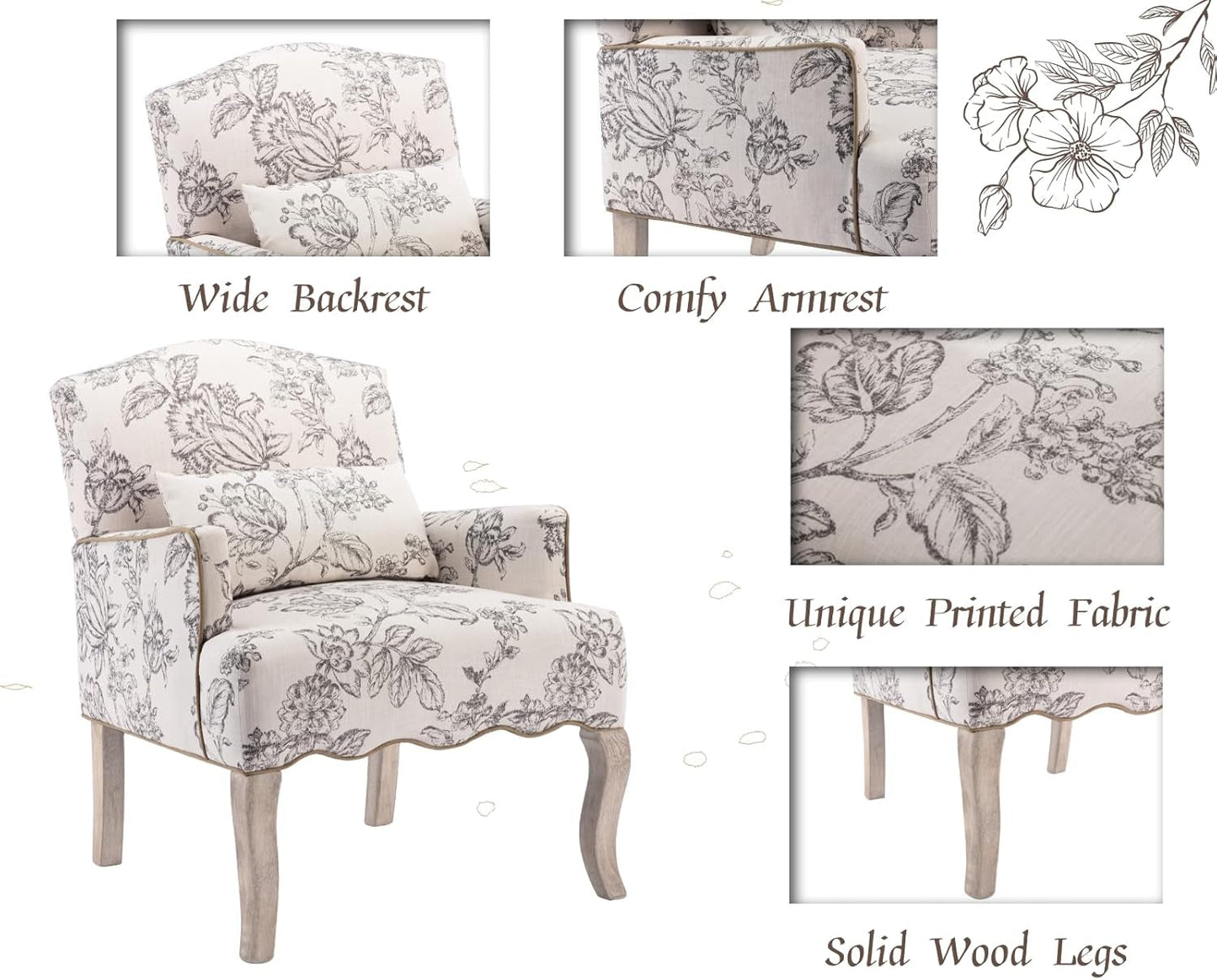 Floral Accent Chairs Farmhouse Upholstered Armchair Linen Reading Chair Mid Century Modern Single Sofa Chair with Pillow for Bedroom/Living Room/Fireplace, Beige, 1PC