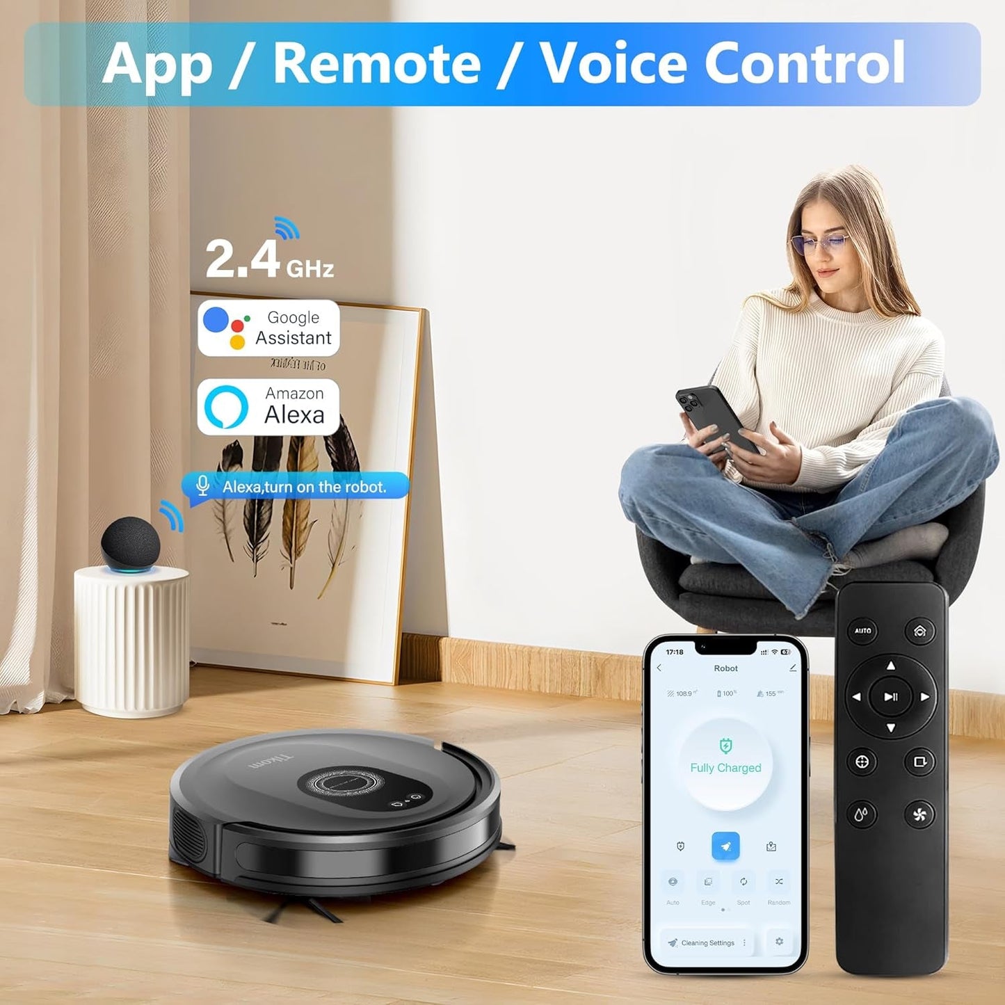 Robot Vacuum and Mop Combo, 5000Pa Robotic Vacuum Cleaner, 150 Min Max, App & Remote Control, Ideal for Hard Floor, Carpet, Pet Hair, Self-Charge(G8000 Max)