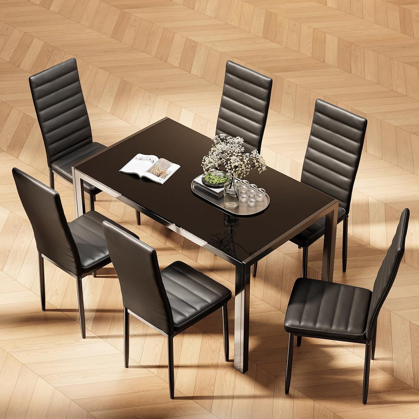 Kitchen Dining Table Set for 6, Tempered Glass 7 Piece Table and Chairs Set Modern for Home, Kitchen, Living Room, Dining Room,Black