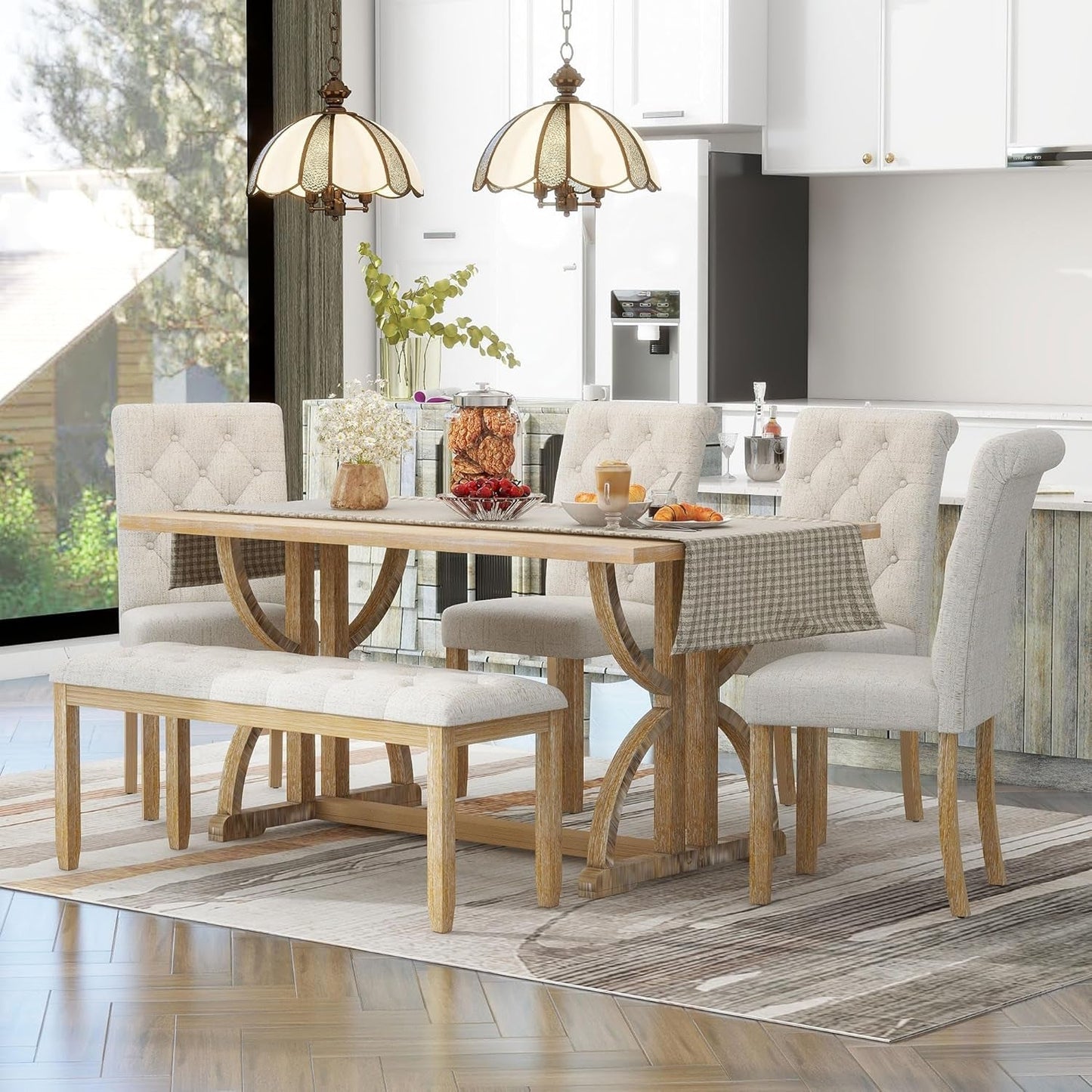 Solid Wood Kitchen Dining Room Table Set with Bench and Chairs for 6 Persons, Dining Table Set with with Rectangulars Table and Upholstered Seat, Natural Wood Wash
