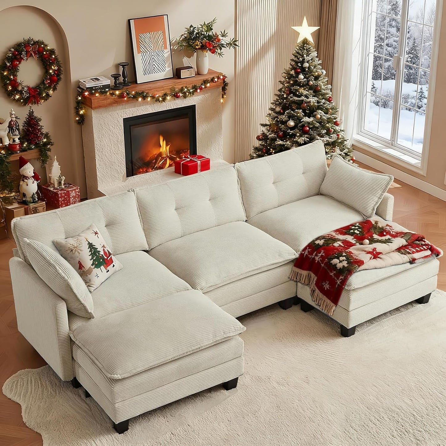 Modular Sectional Sofa, 111.5" U-Shaped Corduroy Comfy Sectional Couches for Living Room, 3-Seater Cloud Couches with 2 Movable Ottomans, Flexible Combination Modern Deep Seat Sofa (Beige)