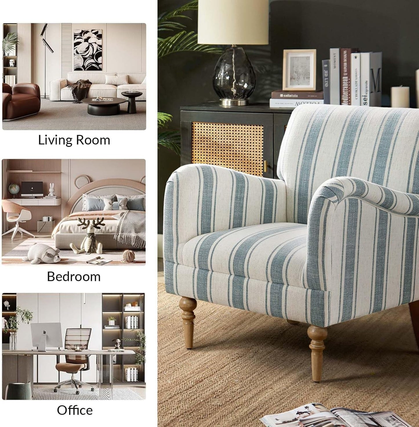 Modern Accent Chair with Arms and Wooden Legs, Comfy Upholstered Armchair for Living Room, Bedroom (Stripe Pattern, Blue)