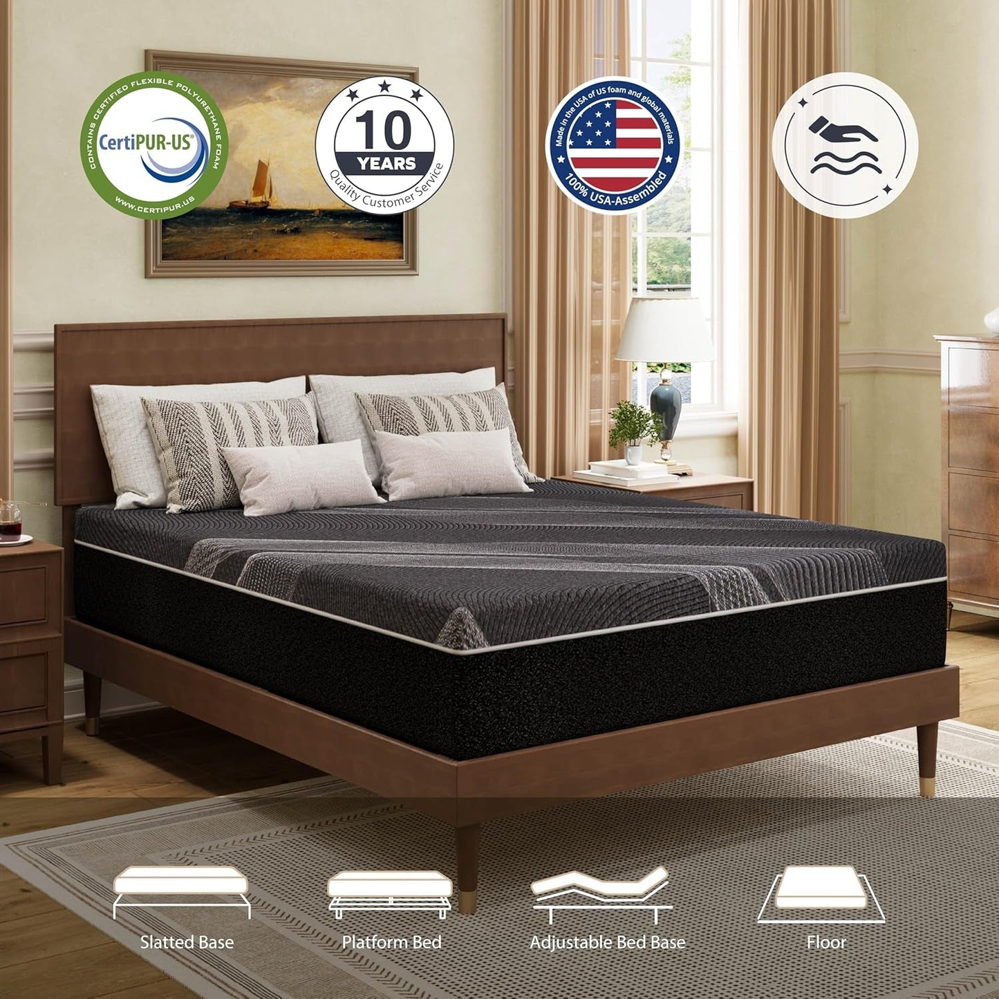 Queen Size Mattress, 10 Inch Gel Memory Foam, Cooling & Back Pain Relief, Certipur-Us Certified, Fiberglass Free, Foam Made in USA, Medium