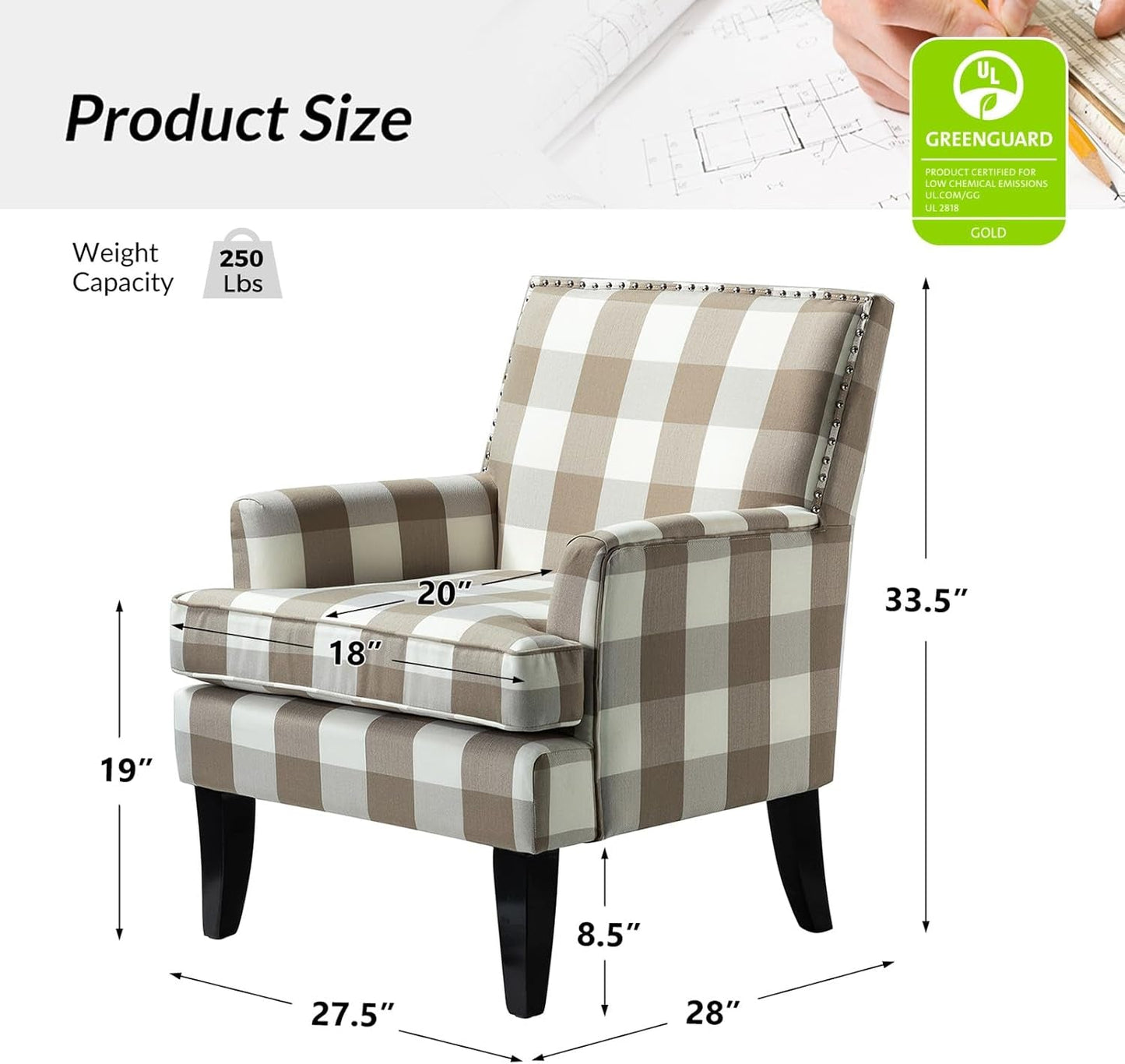 Modern Accent Chair with Arms and Wooden Legs, Mid Century Accent Chair Armchair High Back Rest, Padded Armrest and Comfortable Cushioned Seat for Living Room (Buffalo Beige)