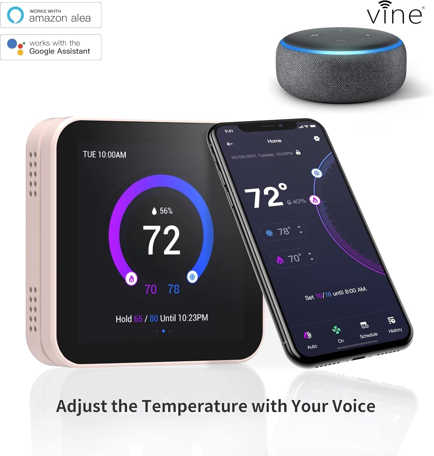 Smart Thermostat for Home TJ-560, Wifi Programmable Thermostat, Compatible with Alexa and Google Assistant, Energy Saving, 4 Inches Touch Screen, C-Wire Required, DIY Installation, Pink