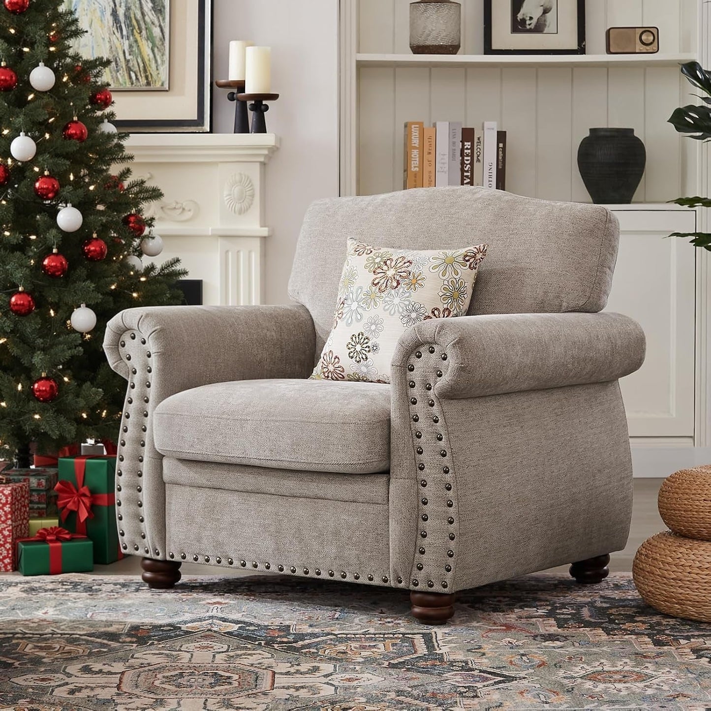 Nailhead Trim Armchair, Rolled Arm Accent Chair for Living Room, Comfy Chenille Club Sofa Chair W/Springs Cushions & Wood Legs, Traditional Single Couch Chair for Apartment, Farmhouse, Beige