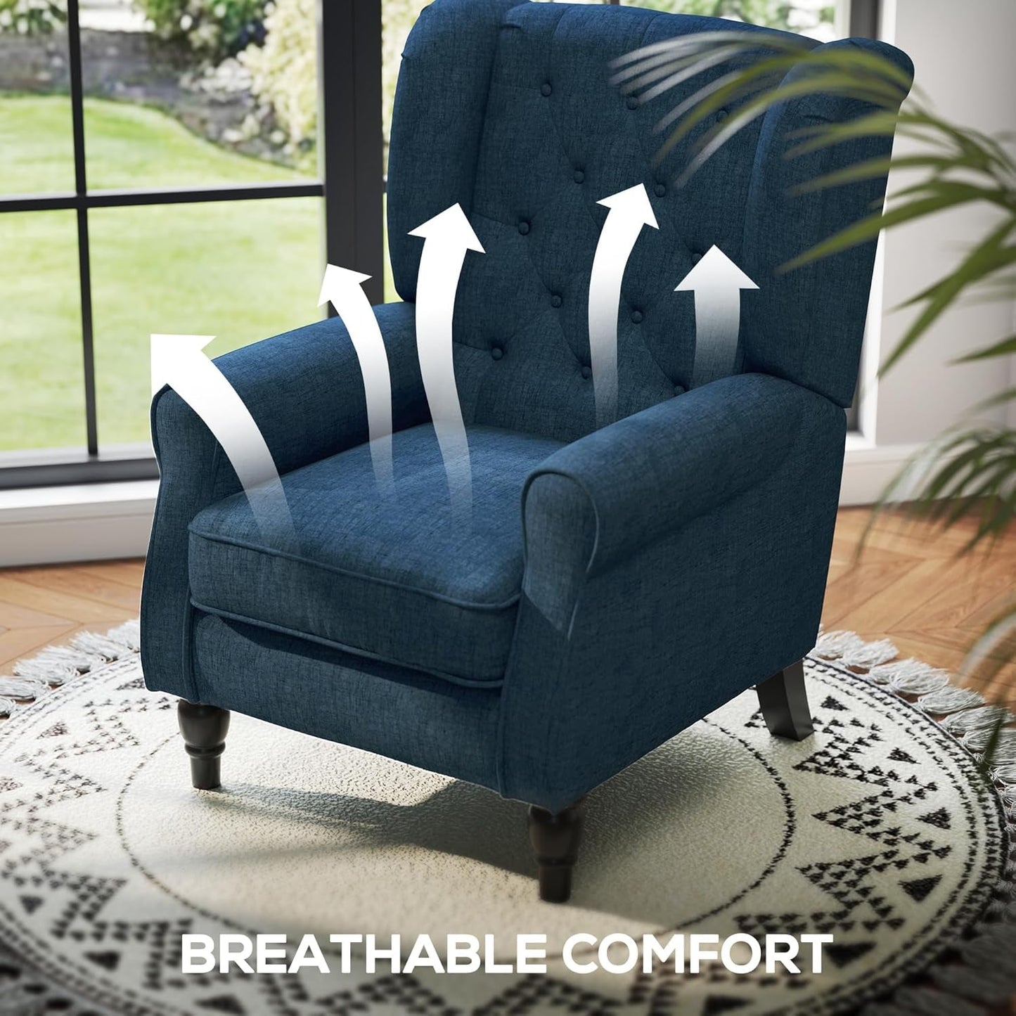 Mid-Century Modern Accent Chair, High Wingback Reading Chair, Button-Tufted Upholstered Fabric Armchair with Retro Wood Legs for Apartment, Living Room, Bedroom, Blue