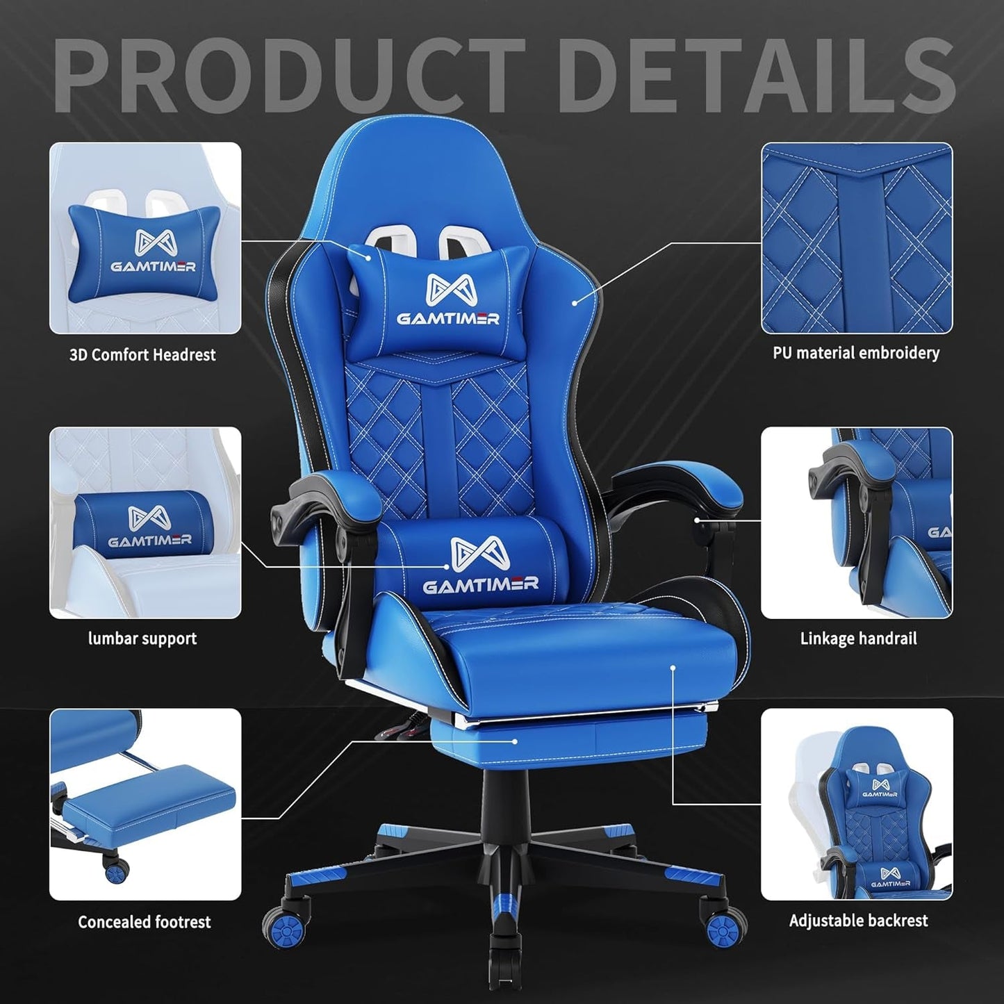 Office Chair, 400 Lbs Adult Chair, High Back Computer Chair with Footrest and Linked Armrests, Office Video Game Chair with Lumbar Support (Blue)