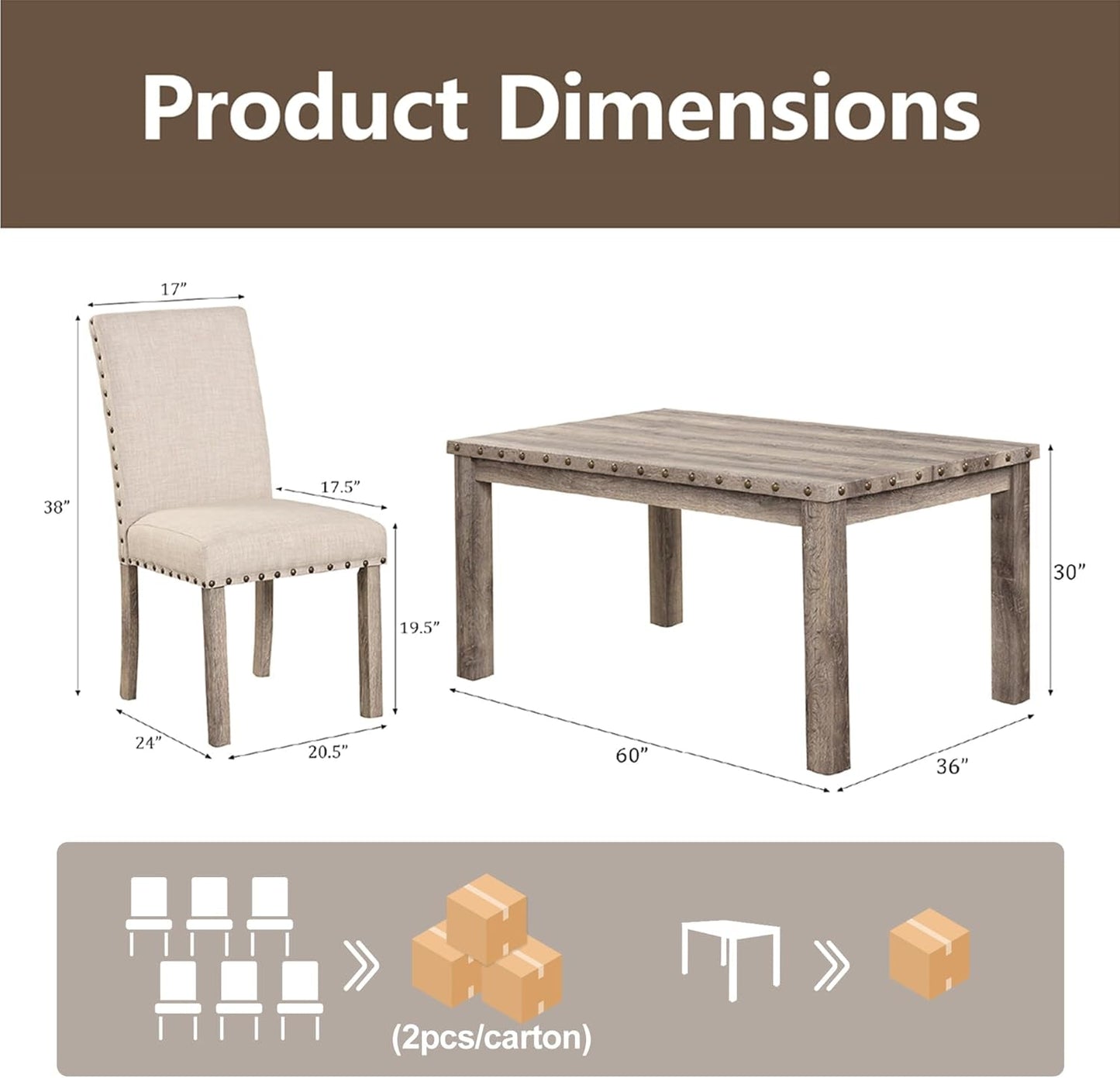 Rustic Dining Table Set for 6, Farmhouse Kitchen Dining Chairs for 6, Charming 60" Rectangular Wooden Table&6 Upholstered Chair with Nailhead Accents for Dining Hub,Breakfast Nook