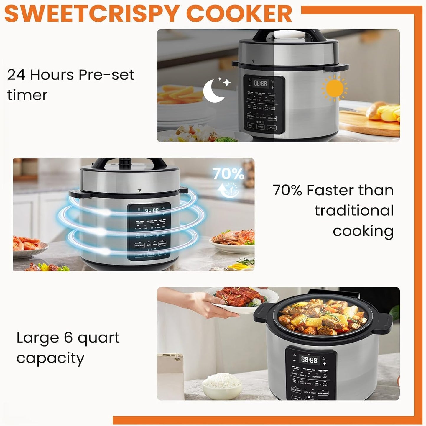 6 QT Electric Pressure Cooker 12-In-1 Multi Digital Cookers, Rice Steamer Yogurt Maker Stainless Steel