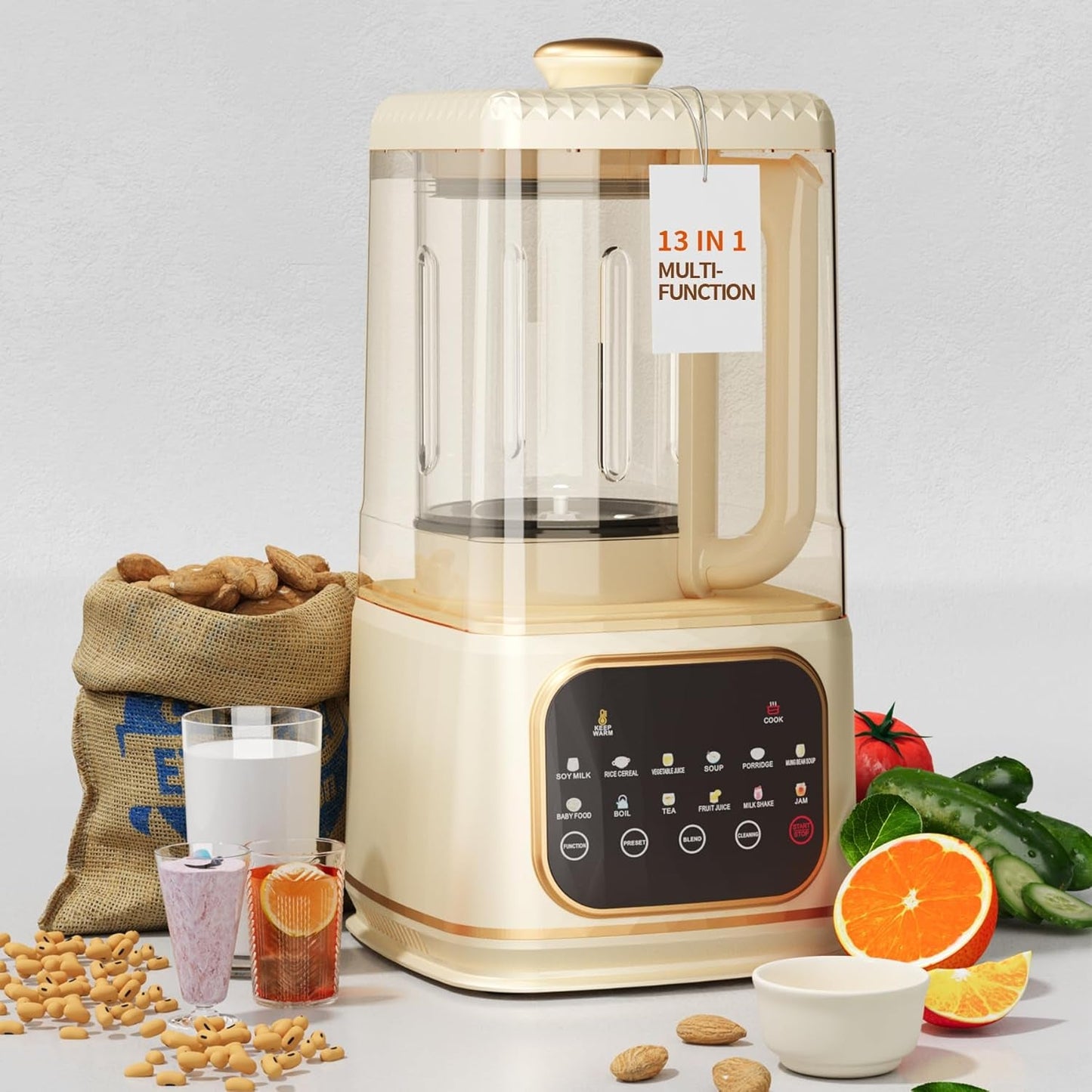13-IN-1 Multifunctional Ultra Silent Cooking Blender with Soundproof Shield | 60Oz | 24H Preset & Kee Warm for 6 Hours| Makes Smoothie, Soy Almond Milk, Juice, Soup, Porridge, Boil, Tea, Jam Etc