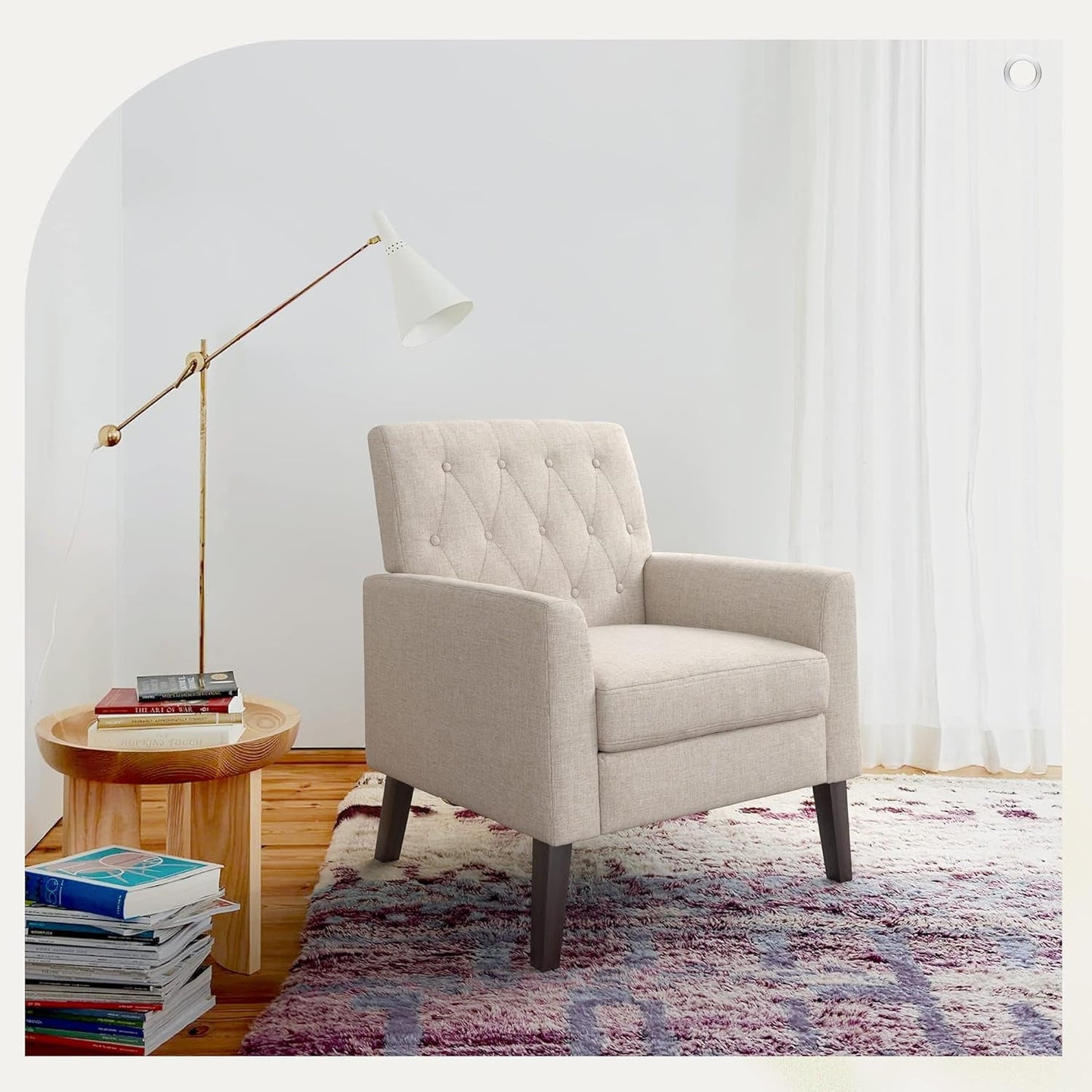 Linen Color Linen Accent Chair 18.5" H, Button Tufted Upholstered Modern Armchair, Comfy Living Room Chair with Arms, Arm Chairs for Living Room, Bedroom, Small Space