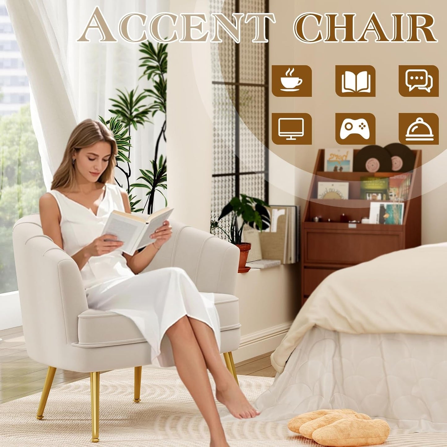 Velvet Accent Chair Set of 2, Upholstered Modern Single Sofa Side Chair,Comfy Barrel Club Living Room Armchair with Golden Metal Legs for Bedroom Living Reading Room Office, Beige
