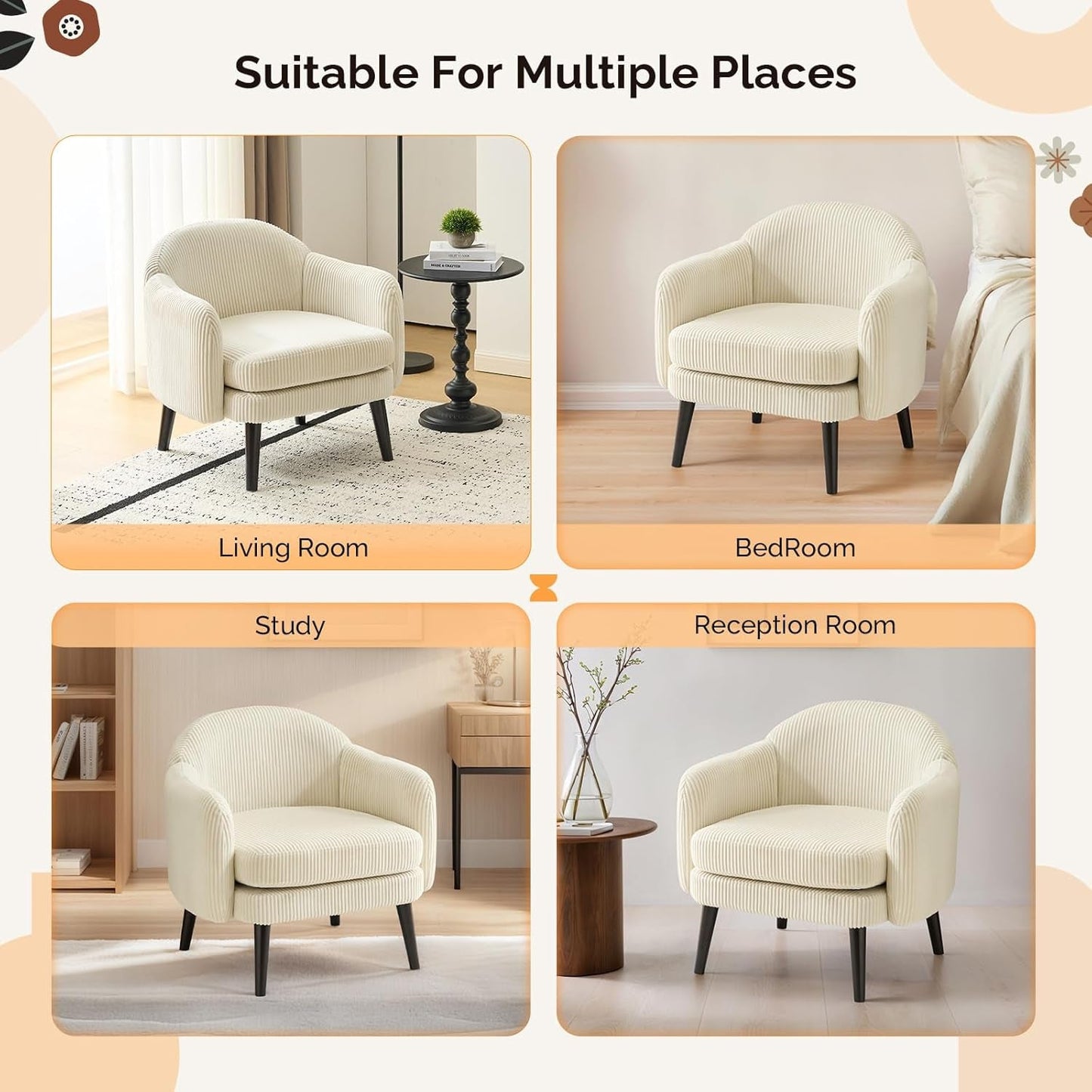 30.3" Wide Modern Barrel Accent Armchairs Set of 2 with Track Armrest, Solid Wooden Legs, Comfy Upholstered Club Chairs, Single Home Sofa for Living Room, Bedroom, Reading Room, Corduroy Beige