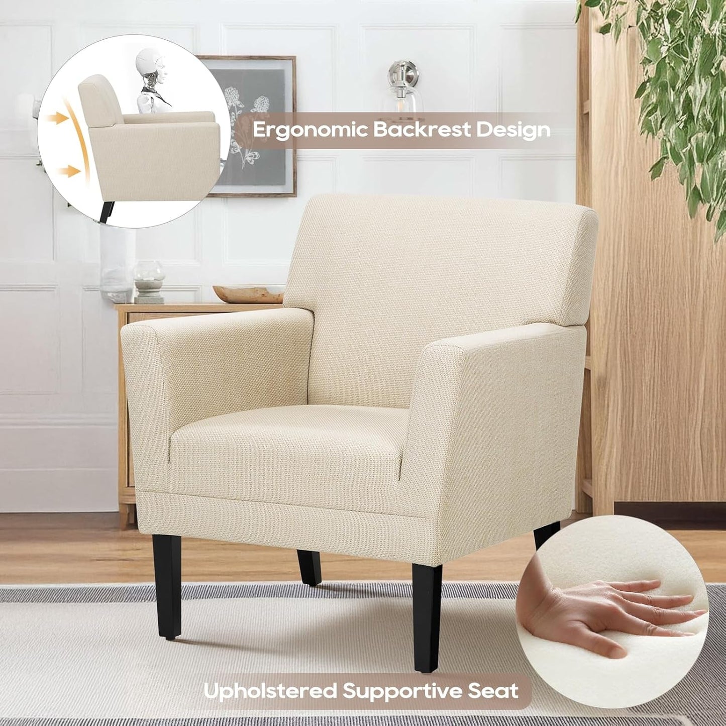 Accent Chair Set of 2 for Living Room, Modern Upholstered Fabric Accent Armchair with Back, Soft Single Sofa Chair with Arms for Bedroom/Office/Reception Room, Oatmeal
