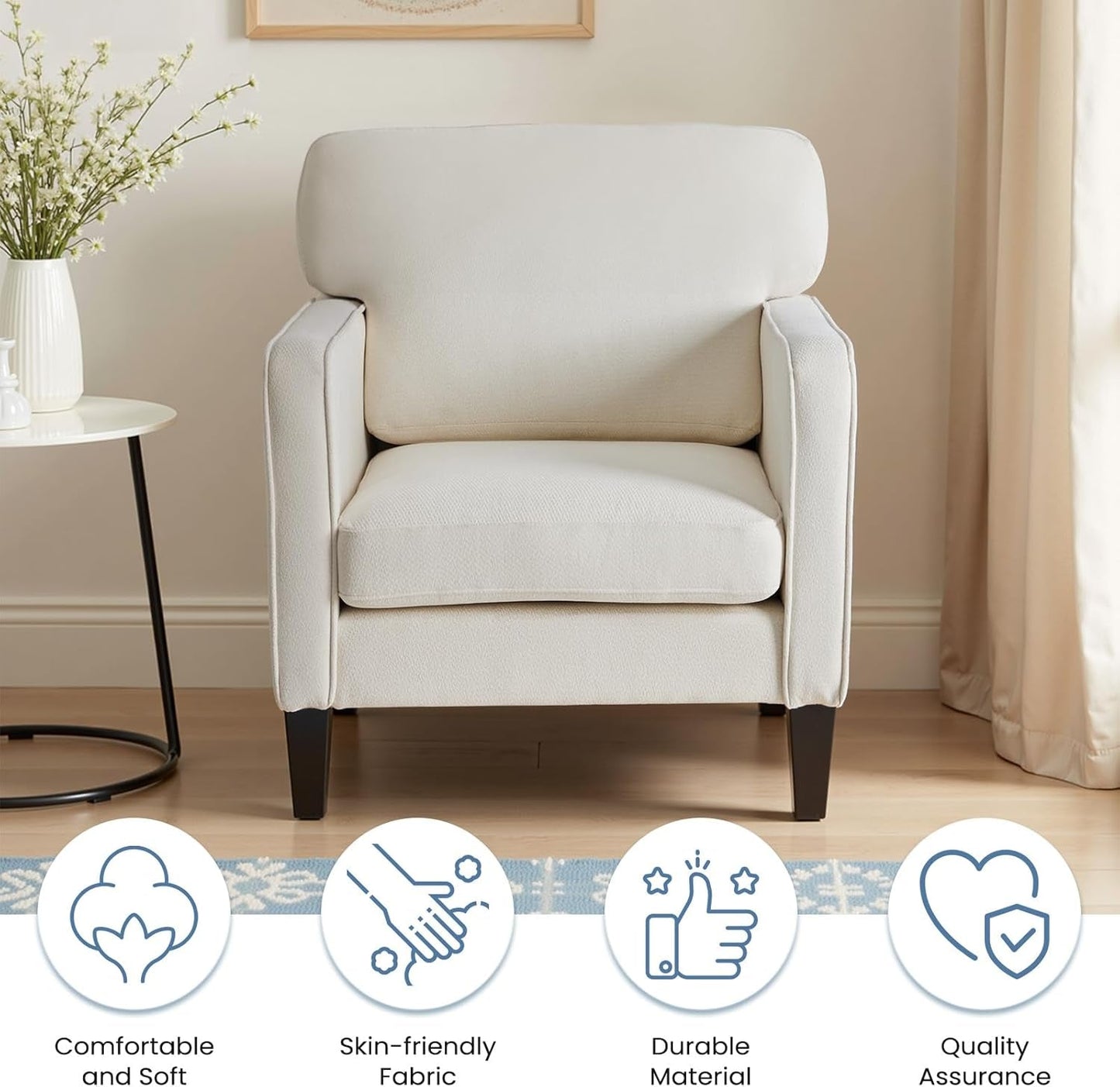 Modern Accent Chairs for Living Room, Corner Chairs for Adults, Reading Chair with Armrest and Backrest, Comfy Lounge Chairs for Bedroom, Waiting Room and Reception Room, Cream