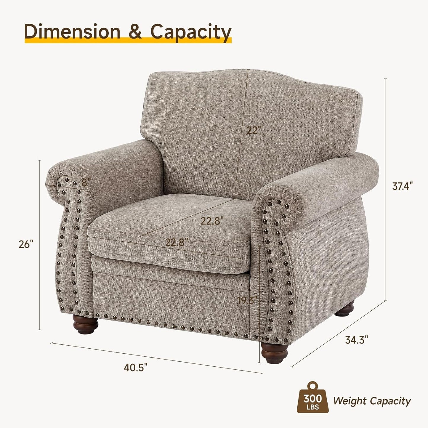 Nailhead Trim Armchair, Rolled Arm Accent Chair for Living Room, Comfy Chenille Club Sofa Chair W/Springs Cushions & Wood Legs, Traditional Single Couch Chair for Apartment, Farmhouse, Beige