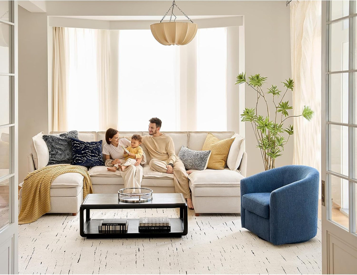 128'' Oversized Modular Sectional Sofa with Dual-Layered Cushions, U Shaped 6 Seater Couch with Storage Ottoman and Removable Cover, Modern Deep Seat Cloud Couch for Living Room, Beige
