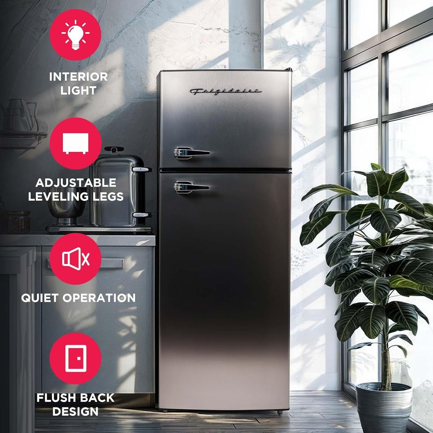 2 Door Apartment Size Refrigerator/Freezer Combo, 7.5 Cu Ft, Platinum Series, Stainless, 23" D X 21.5" W X 55.5" H