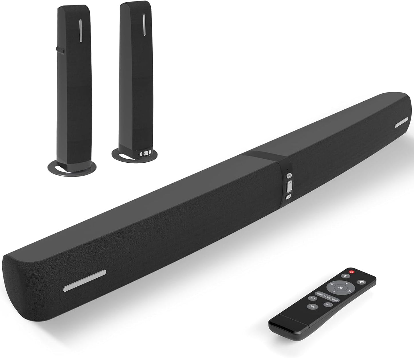Sound Bar for Smart TV,90W Soundbar with Bluetooth/Arc/Optical/Aux Connect, Auto Volume Boost, 3 Customizable Equalizer Modes, 2 in 1 Detachable Soundbar for Tv/Pc/Gaming/Projectors