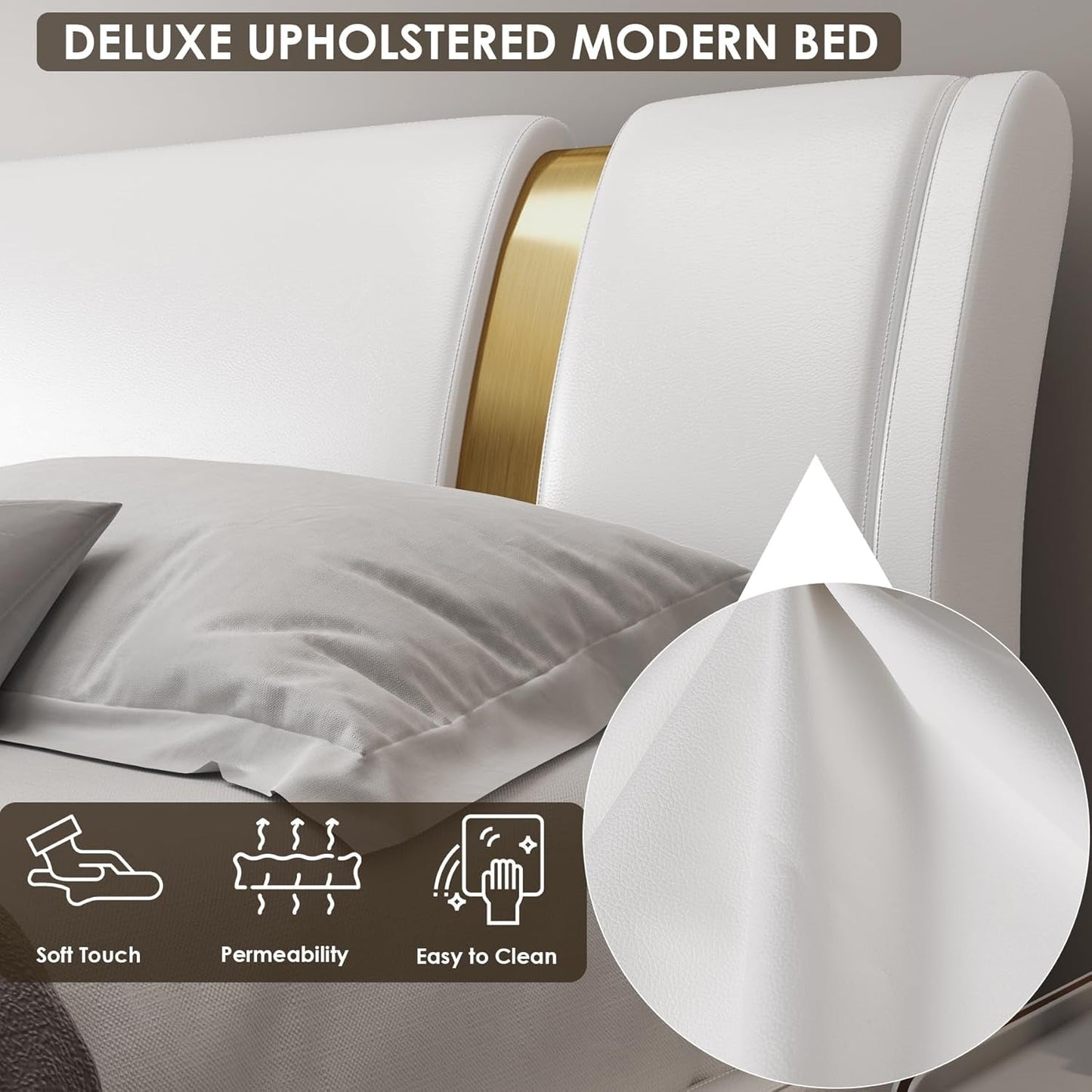 Modern Faux Leather Upholstered Platform Bed Frame with Golden Iron Metal Decor, Adjustable Curved Headboard, Wooden Slats Support, No Box Spring Needed, Queen Size, White