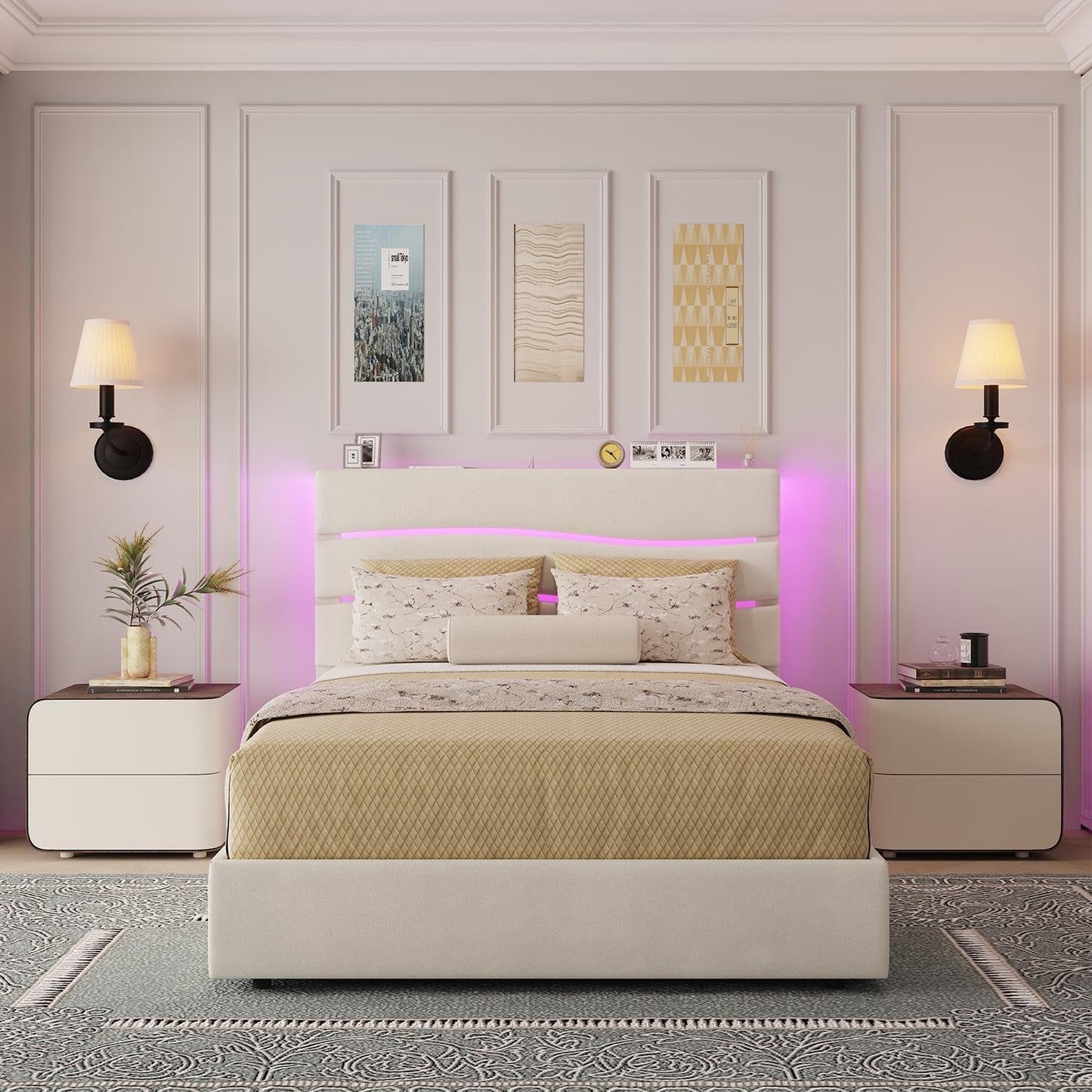 Queen Bed Frame with Fabric Upholstered Headboard and Wooden Slats Support, Queen Size Platform Bed Frame Built in Charging Station & LED, No Box Spring Needed, Easy Assembly, Beige