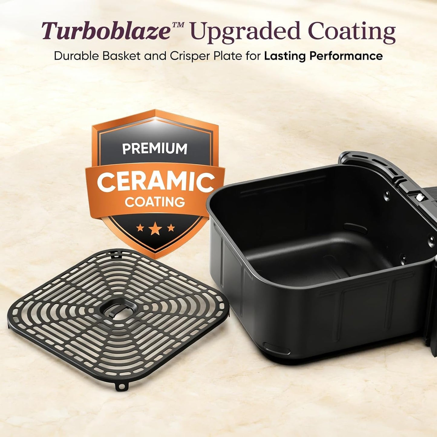 9-In-1 Turboblaze Air Fryer 6 Qt, Premium Ceramic Coating, 90°–450°F, Precise Heating for Even Results, Air Fry, Roast, Bake, Broil, Dry, Frozen, Proof, Reheat, Keep Warm, 120V, Dark Gray