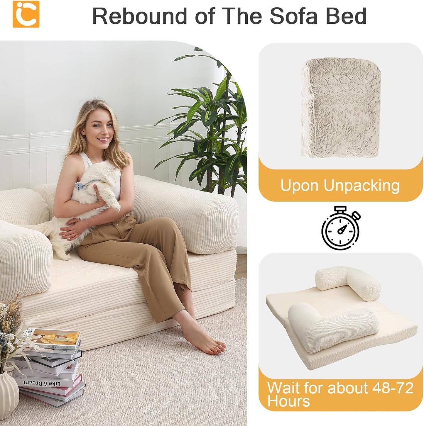 4‑In‑1 Futon Sofa Bed Queen – Floor Foldable Convertible Sofa Couch with L‑Shaped Armrests, Removable Cover, Convertible Guest Bed | Space‑Saving Fold‑Out Mattress Lounge for Living Room, Beige