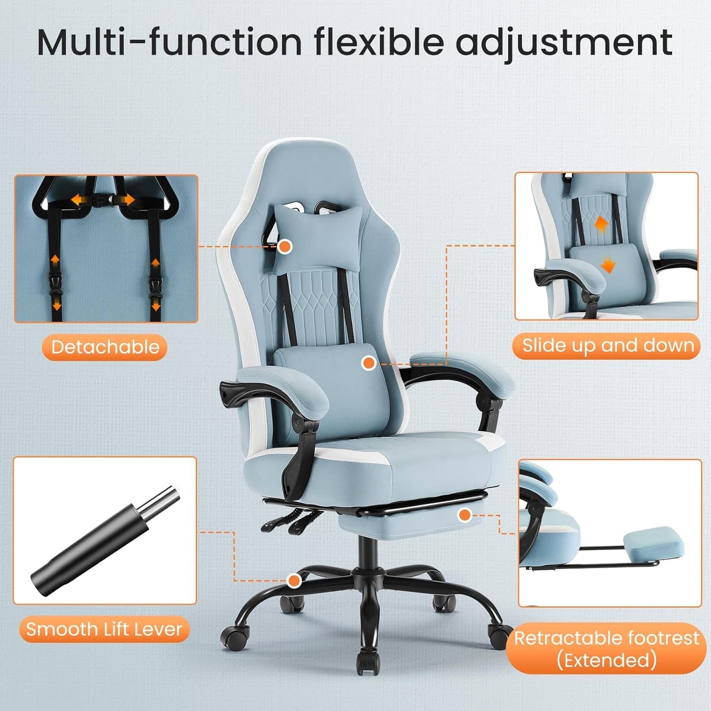 Office Chair - High Back Ergonomic Desk Chair with Footrest and Lumbar Support, Height Adjustable Task Chair with Linkage Armrests and Headrest, 360° Swivel Wheels, Blue