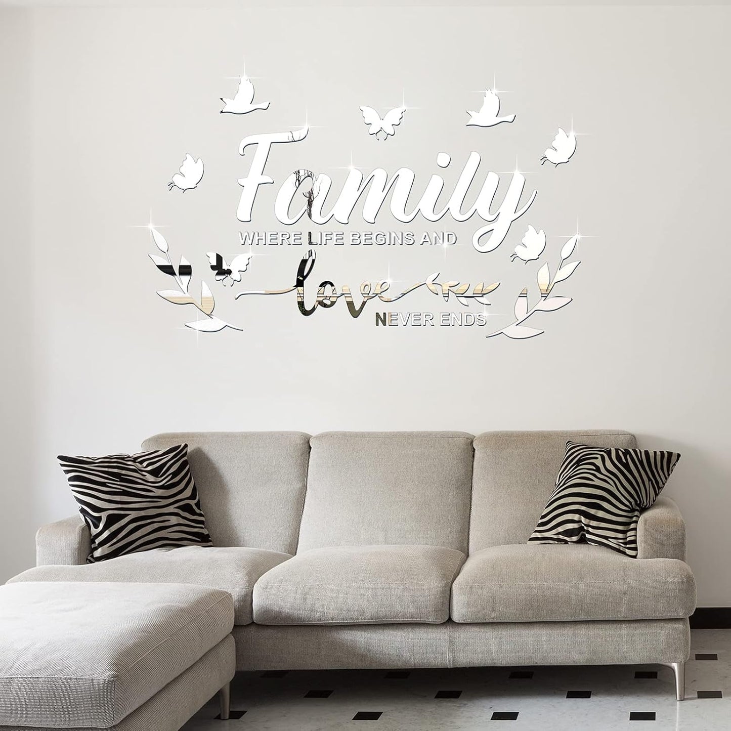 Mirror Family Wall Letter Quotes Decor 3D Acrylic Wall Decal Stickers DIY Removable Art Decals Motivational Butterfly Mural Stickers for Home Decor(Silver)