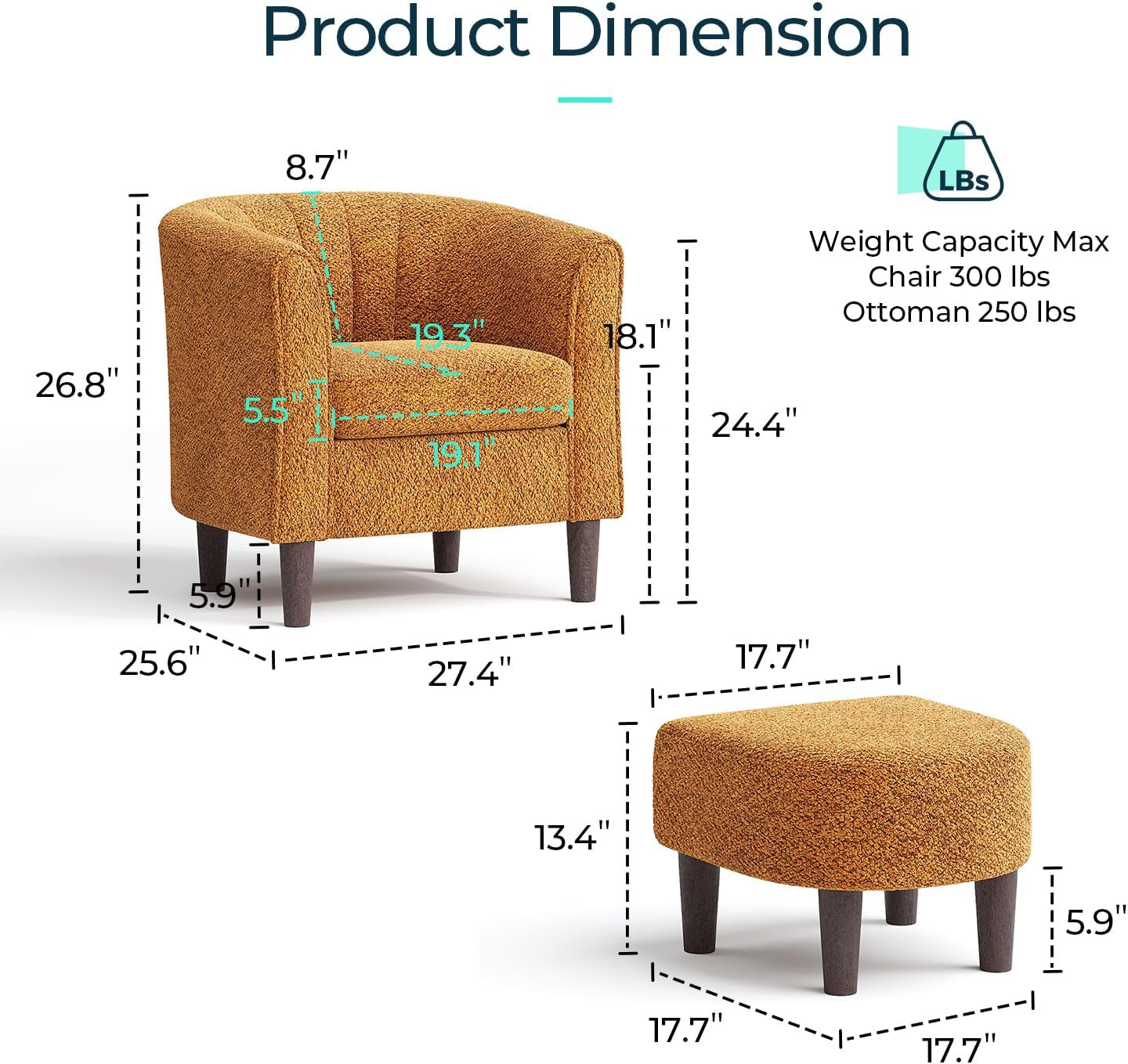 Accent Chair with Ottoman, Chenille Barrel Chair with Footstool, Modern Upholstered Armchair for Living Room Bedroom Waiting Room Office, Orange