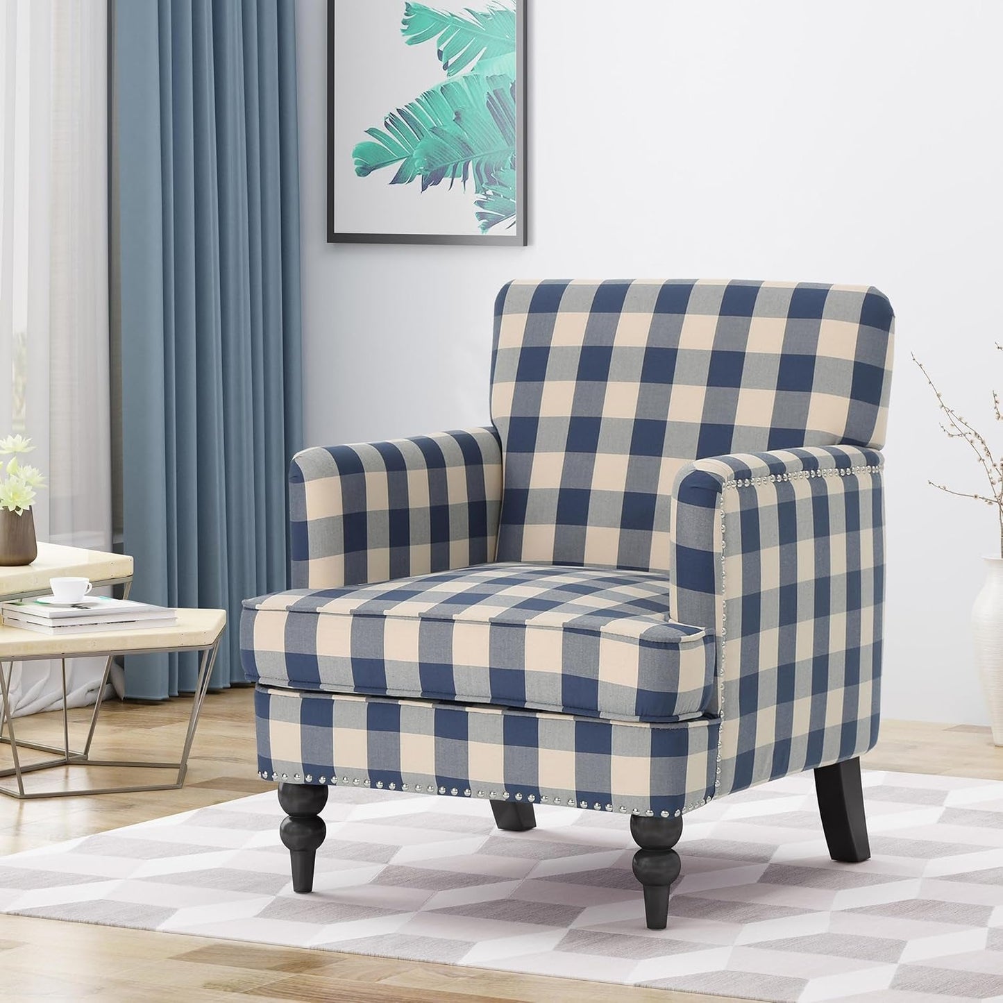 Eve Modern Upholstered Club Chair, Wooden Living Room Accent Chair, Comfy Bedroom Reading Chair, Multifunctional Armchair, Blue Checkerboard