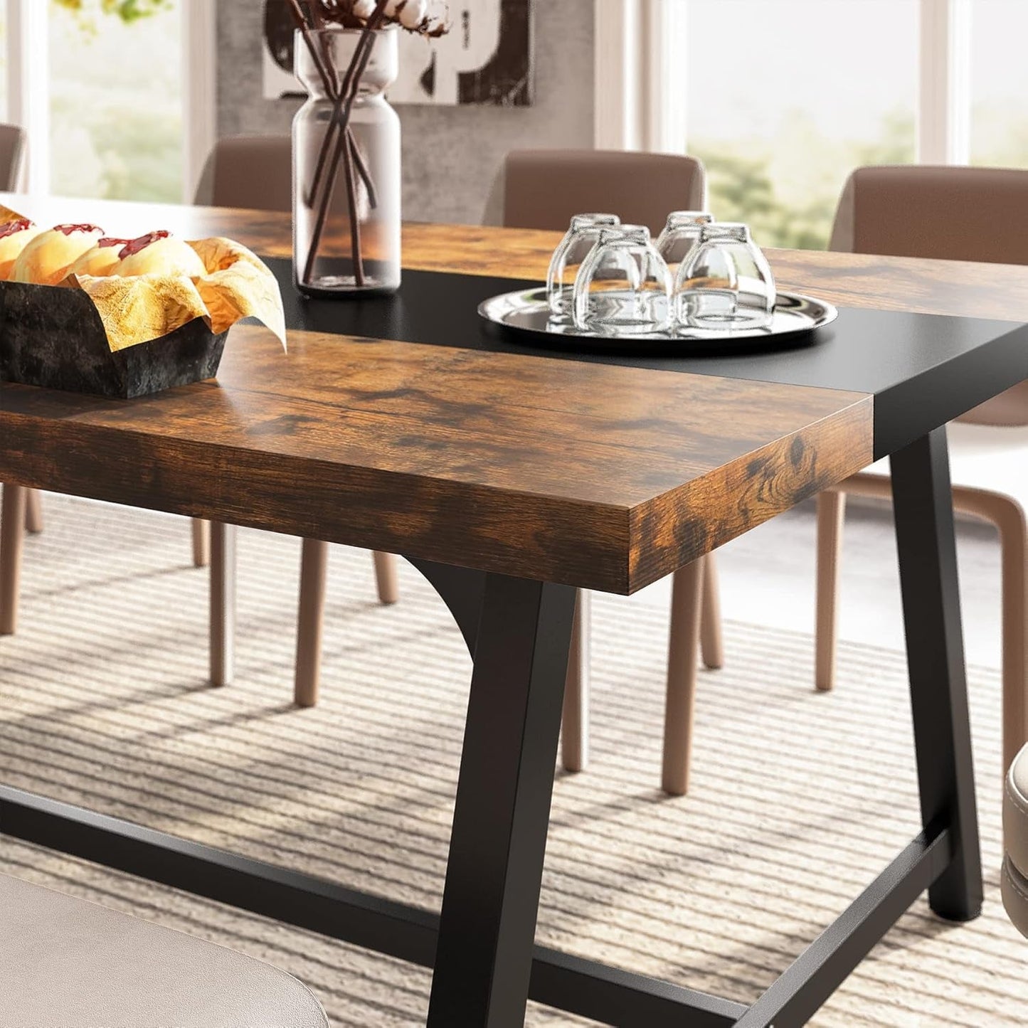 Dining Table for 8 People, 70.87-Inch Rectangular Wood Kitchen Table with Strong Metal Frame, Industrial Large Long Dining Room Table for Big Family (Rustic Brown)