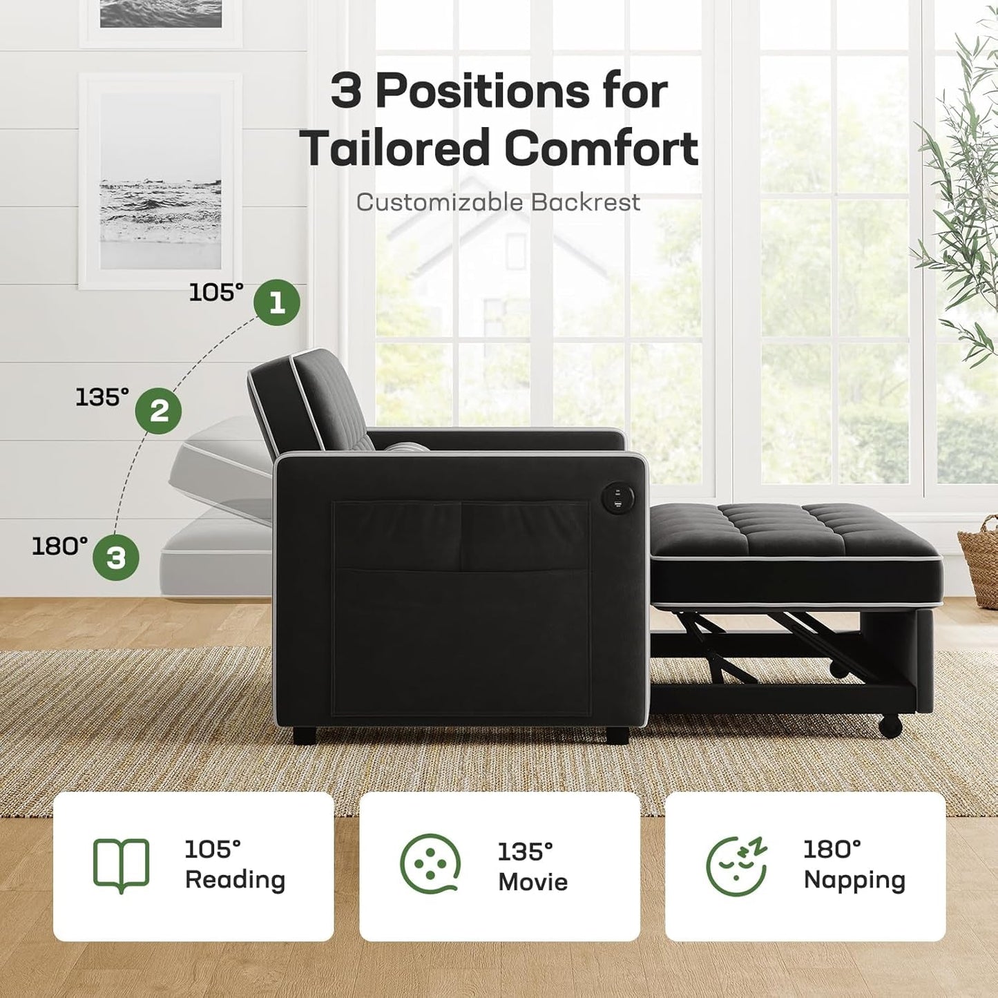 3-In-1 Convertible Futon Sleeper Sofa Bed, Pull Out Couch with Adjustable Backrest, USB Charging & Side Pockets, Velvet Fabric Sofa for Living Room, Apartment, Loveseat, Black