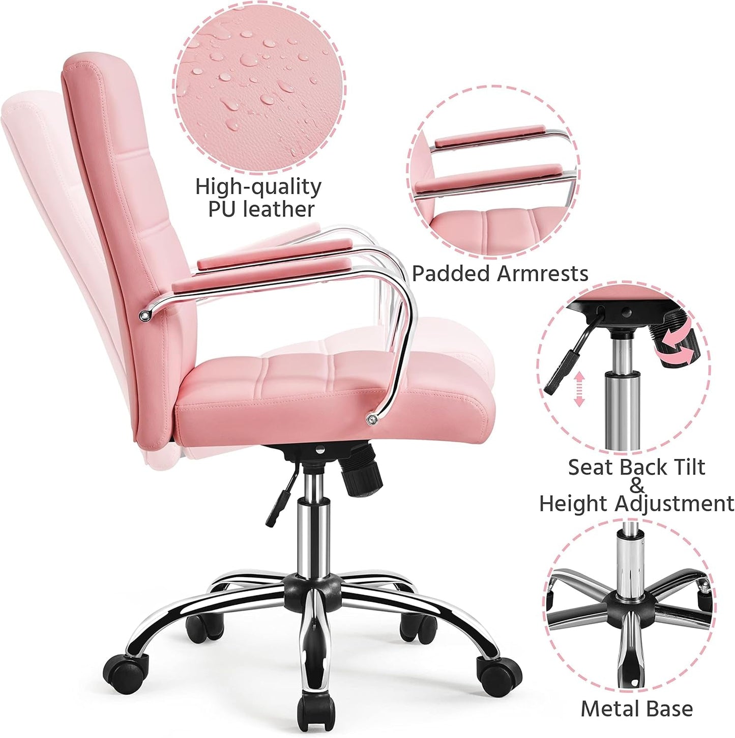 Mid-Back Office Chair with Arms Swivel PU Leather Height Adjustable Office Executive Chair, Pink