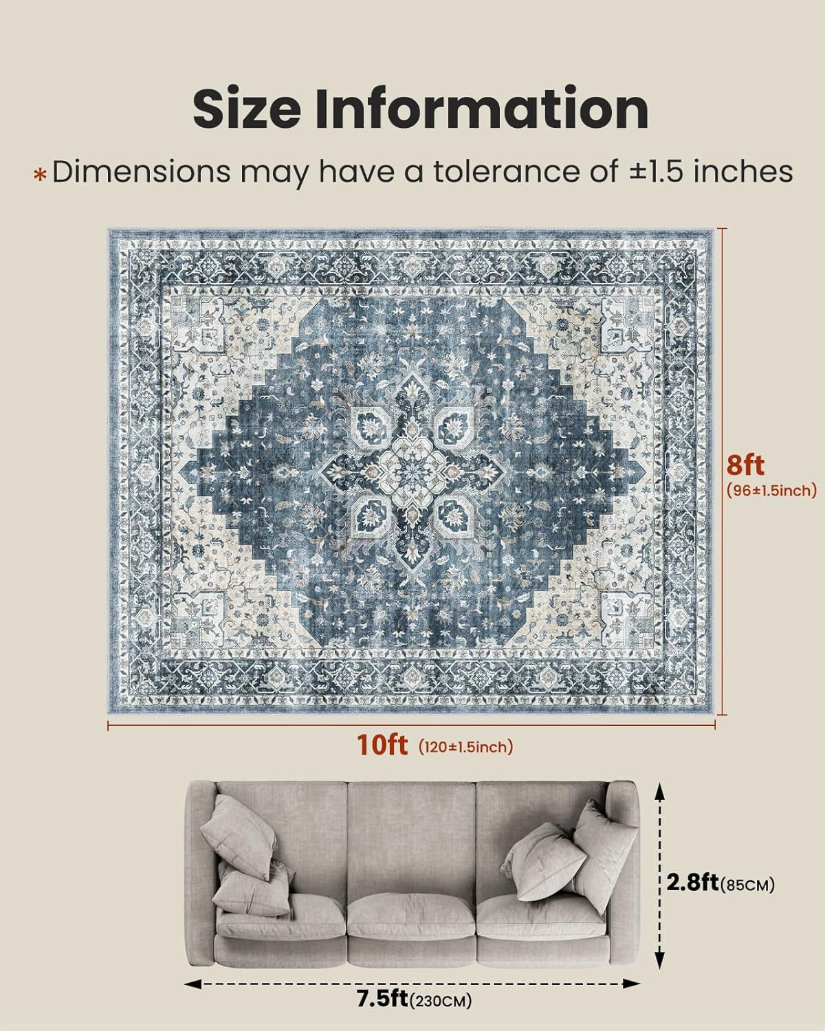8X10 Washable Area Rug, Low-Profile Large Area Rug with Non-Slip Backing & Durable Edge Binding, Vintage Large Rugs for Living Room, Bedroom, Dinning Room