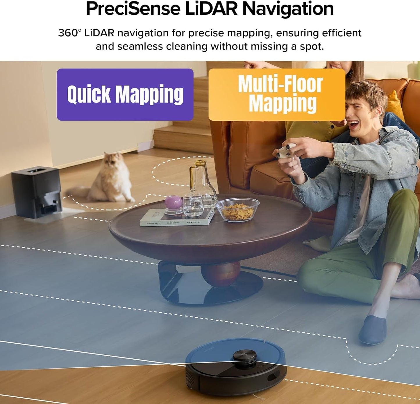 Q7 M5+ Robot Vacuum and Mop, Upgraded from Q5 Max+, up to 7-9 Weeks Self-Empty, 10000Pa Suction, Dual Anti-Tangle System for Pet Hair & Carpet, Precisense Lidar Navigation, App Control, Black