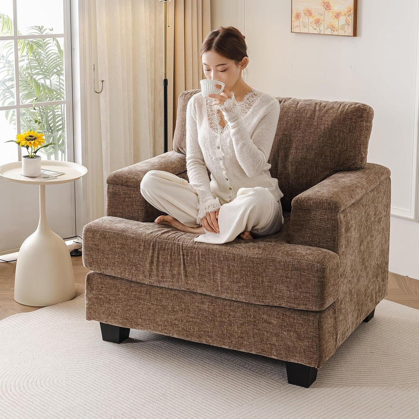 Oversized Accent Chair with Armrest Organizer,Comfy Living Room Chairs with 7.8'' Cushion,Upholstered Mid-Century Armchair,Large Reading Chair for Bedroom Living Room,Office,Chenille,Brown