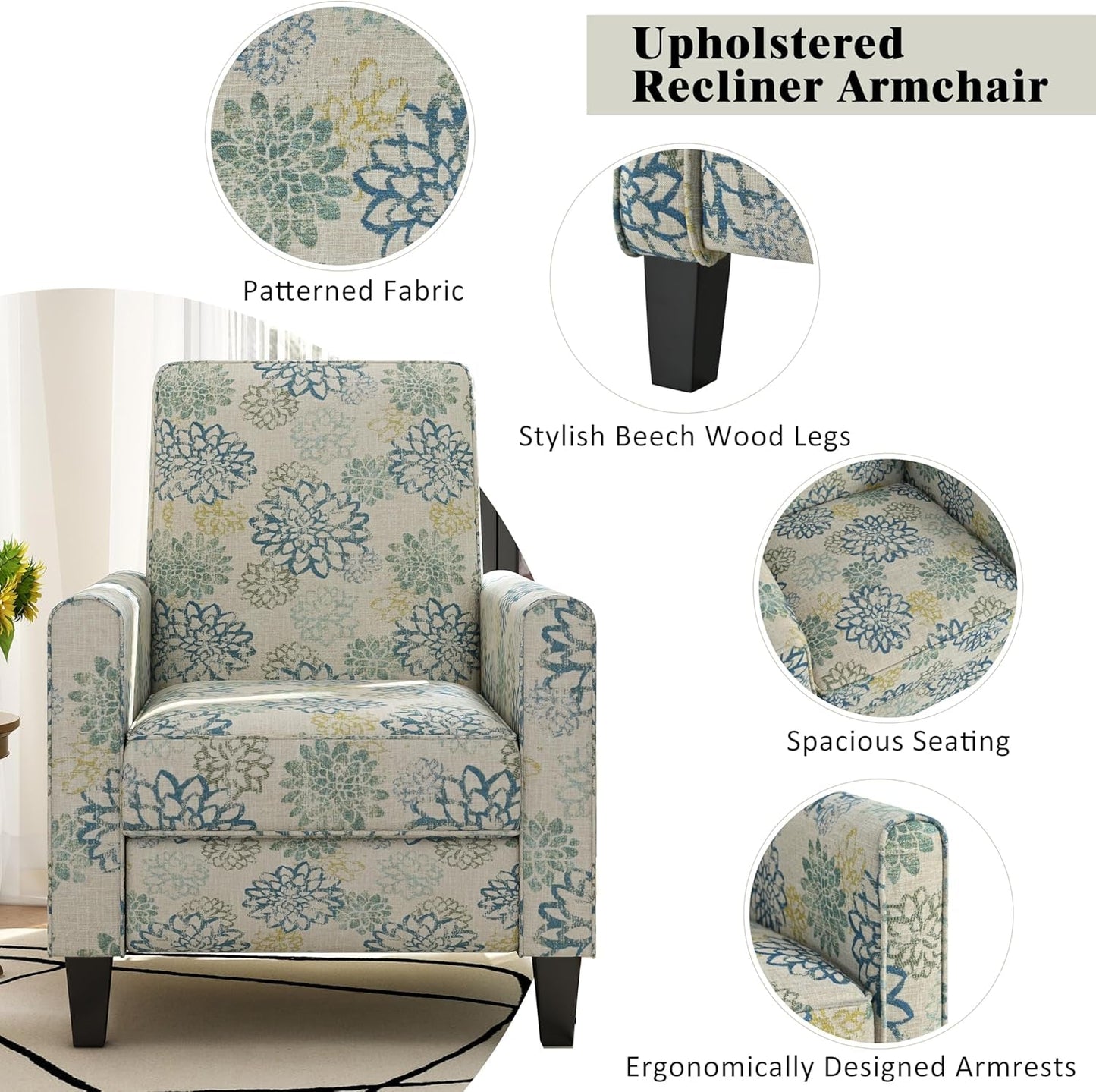Kenley Modern Fabric Upholstered Push Back Recliner Chair, Wooden Gliding Home Theater Seating, Comfy Reading Chair, Deep Seating Single Sofa Accent Chair, Mixed Blue