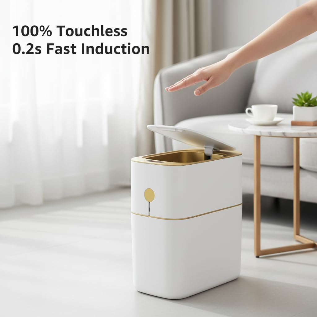 Touchless Bathroom Trash Can with Lid, 3 Gallon / 12L Slim Motion Sensor Garbage Bin, Automatic Waste Basket for Bedroom, Office & Narrow Spaces, White & Gold