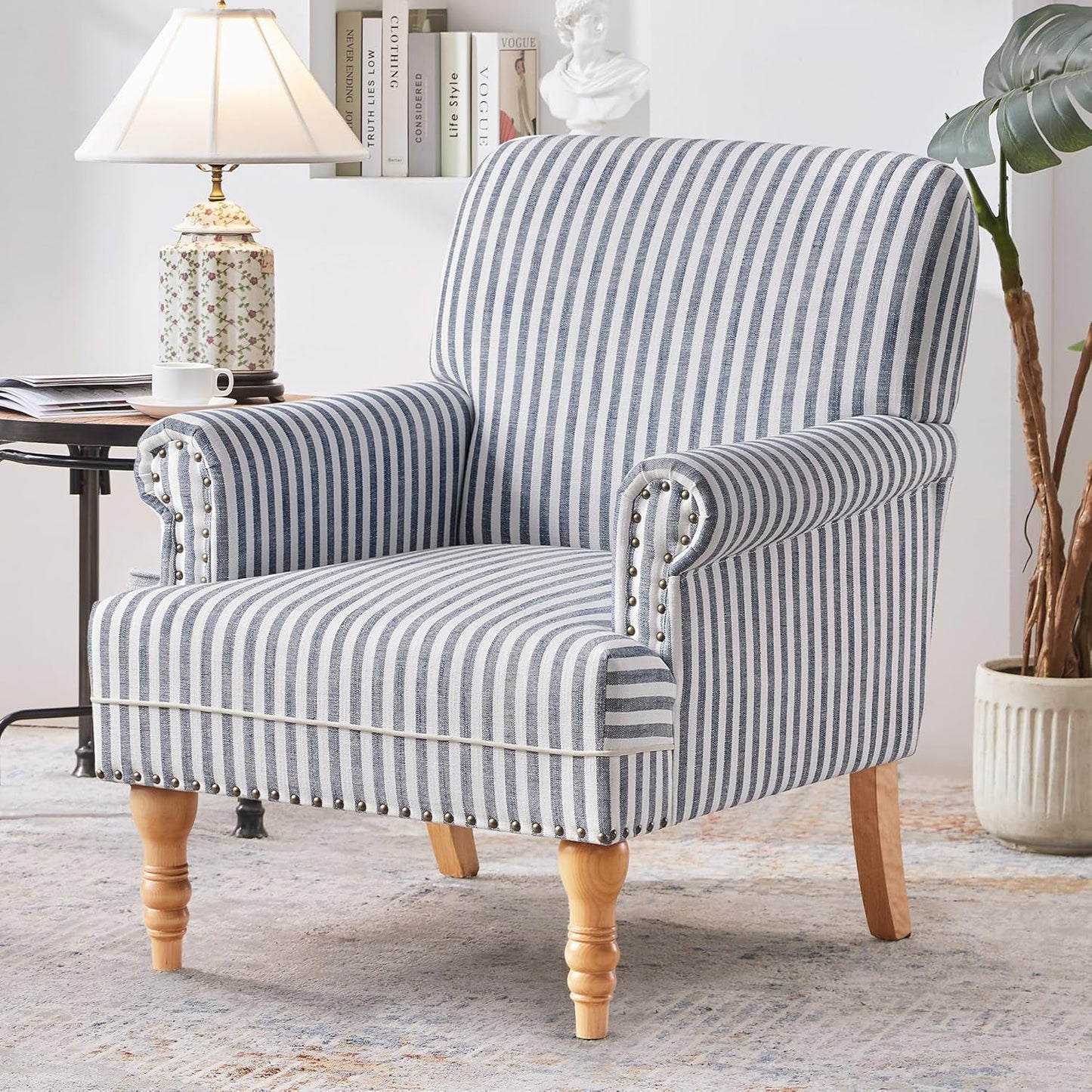 Linen Fabric Accent Chair, Mid-Century Modern Armchair with Solid Wood Legs, Single Sofa Chair,Upholstered Reading Club Chair (1, Dark Blue and White Stripe)